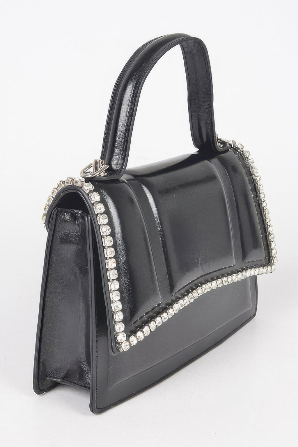 Black structured top-handle handbag with rhinestone border and silver chain detail