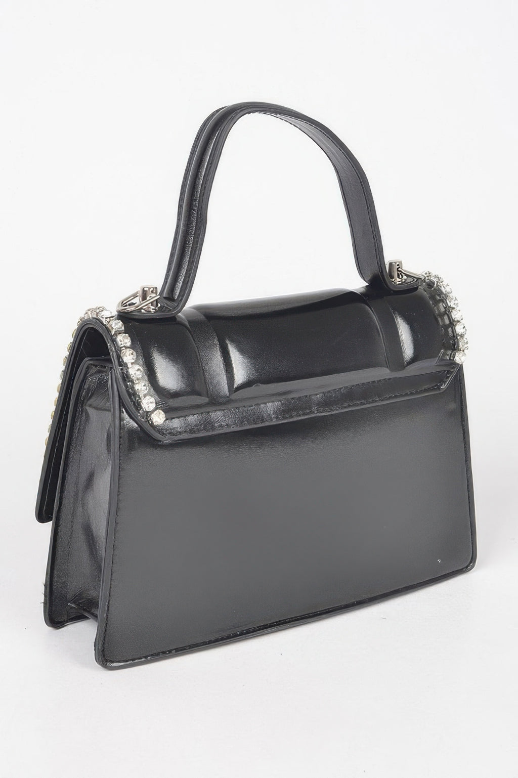 Black faux leather top-handle bag with chain strap and rhinestone-trimmed flap