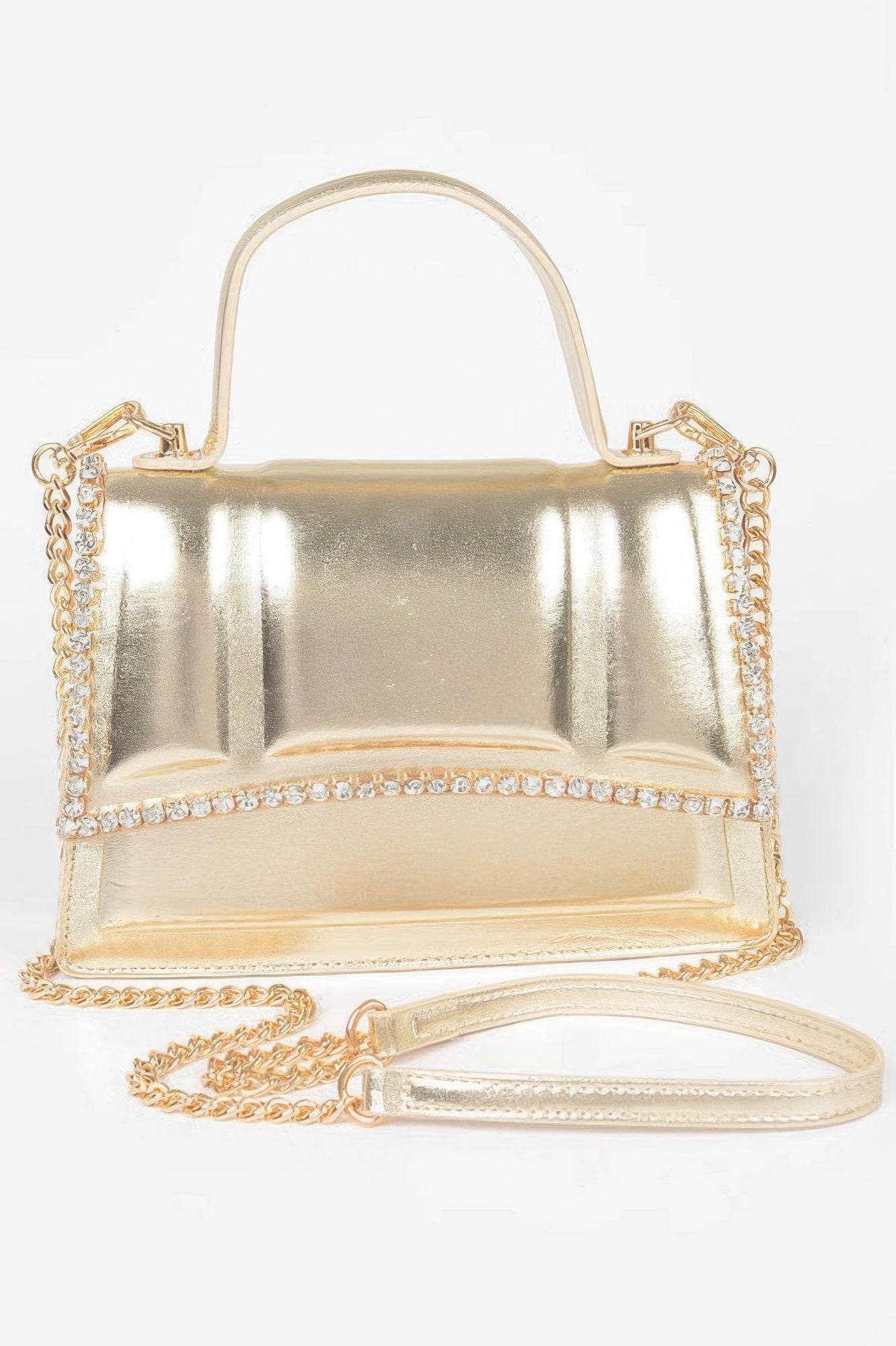 Gold faux metallic top-handle bag with rhinestone trim and chain shoulder strap