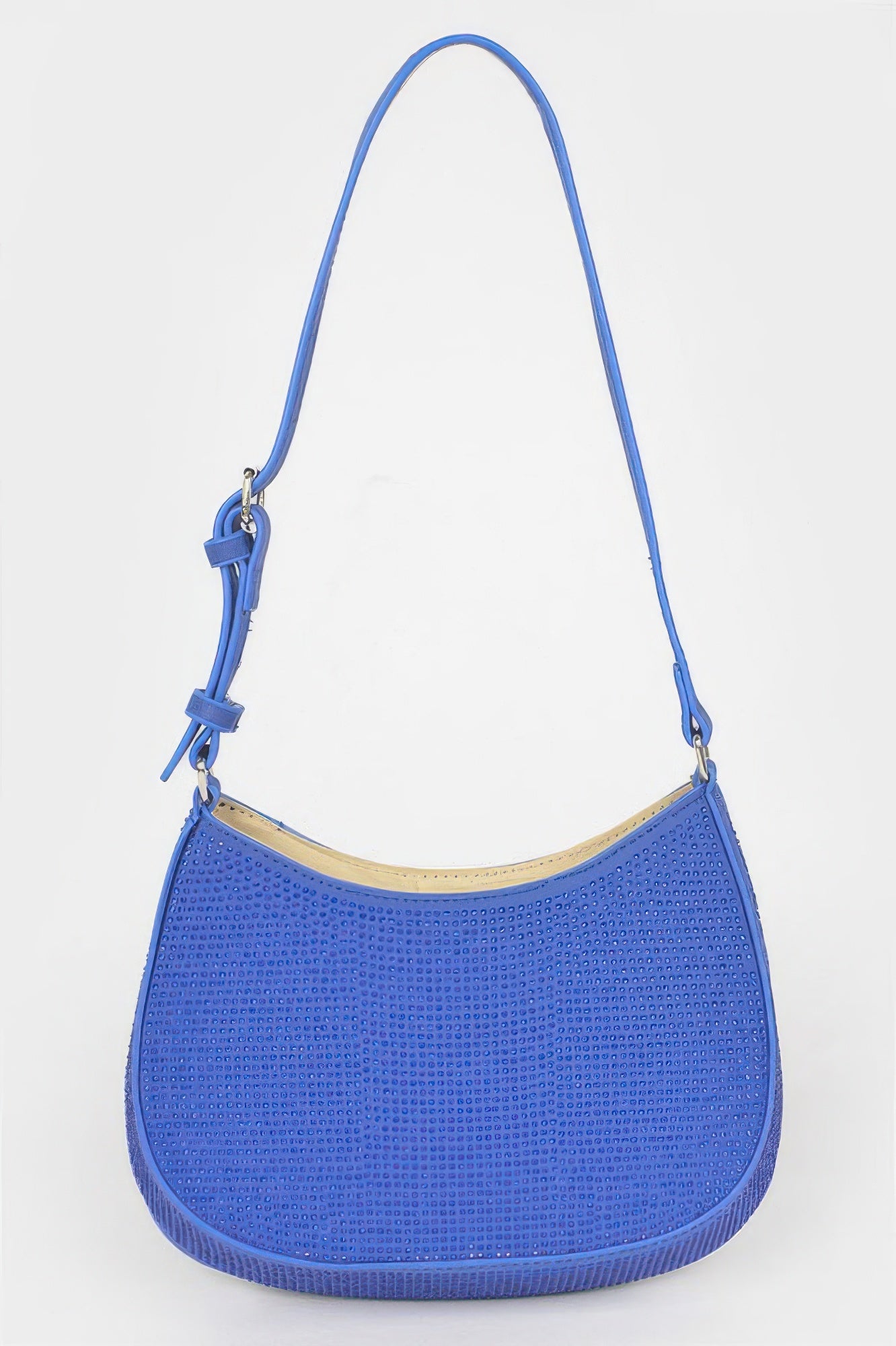 Faux-texture cobalt hobo shoulder bag with curved opening and adjustable shoulder strap