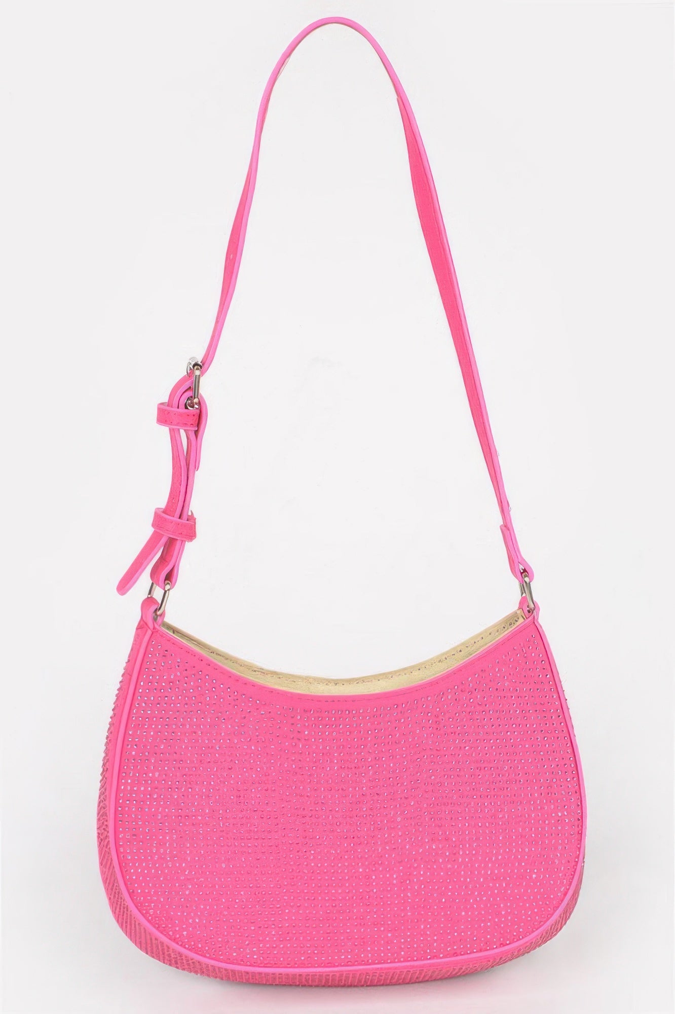 Fuchsia hobo shoulder bag with textured fabric, curved top opening and adjustable strap