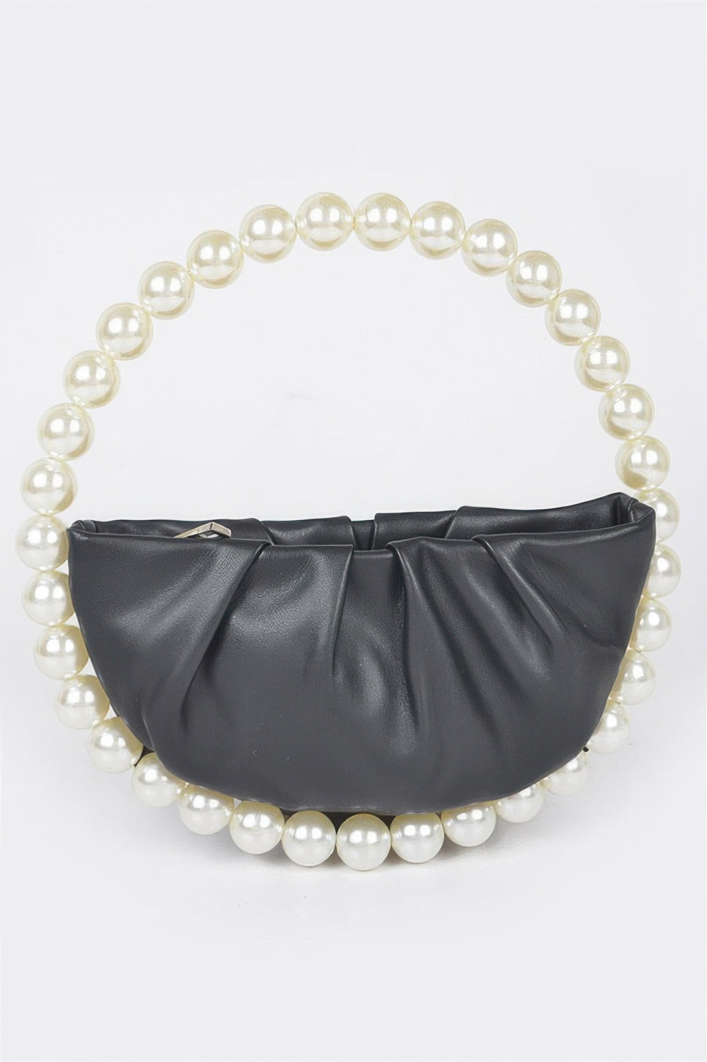 Vegan metallic top handle bag with faux pearl handle, black