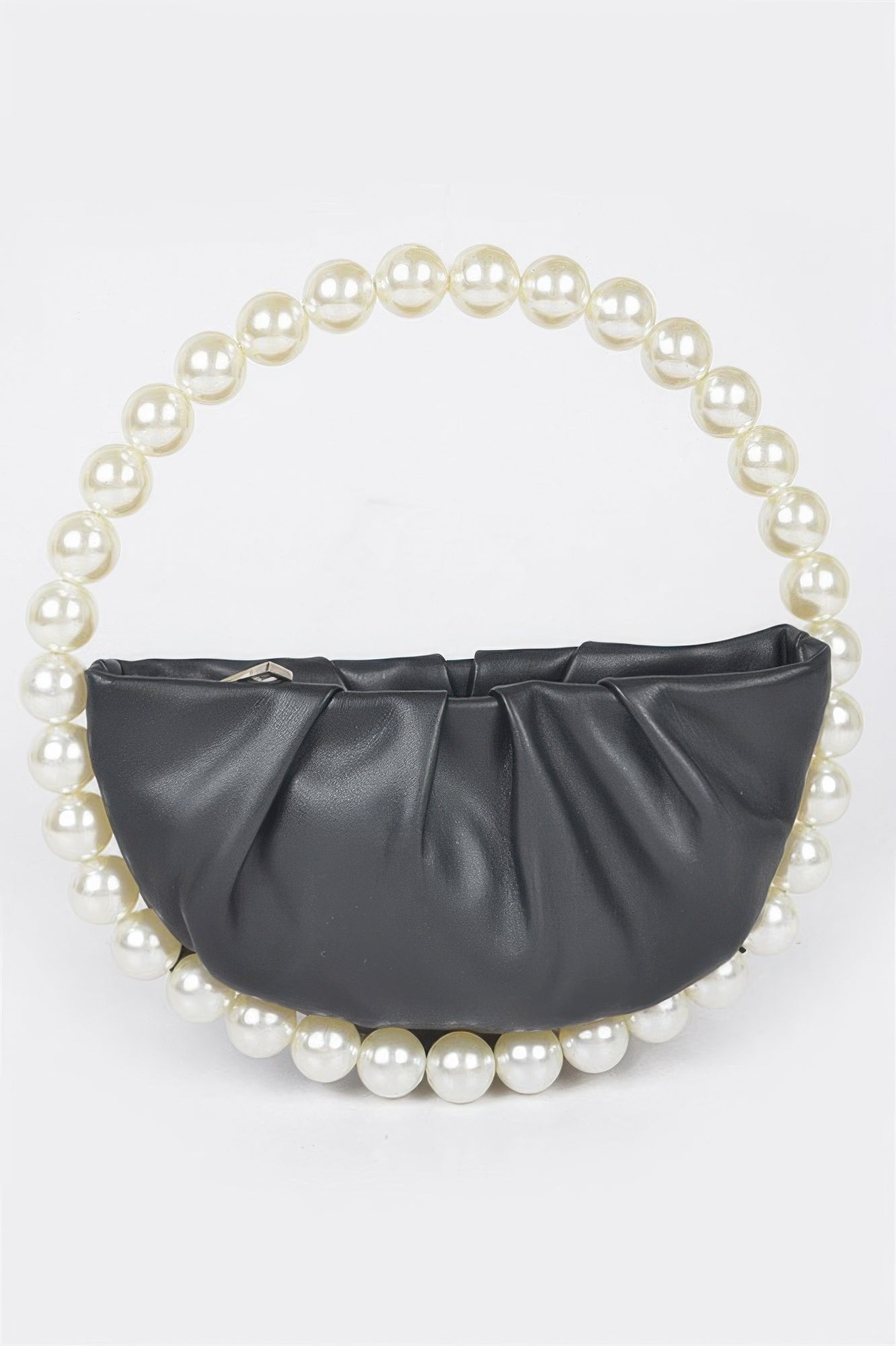 Vegan metallic top handle bag with faux pearl handle, black