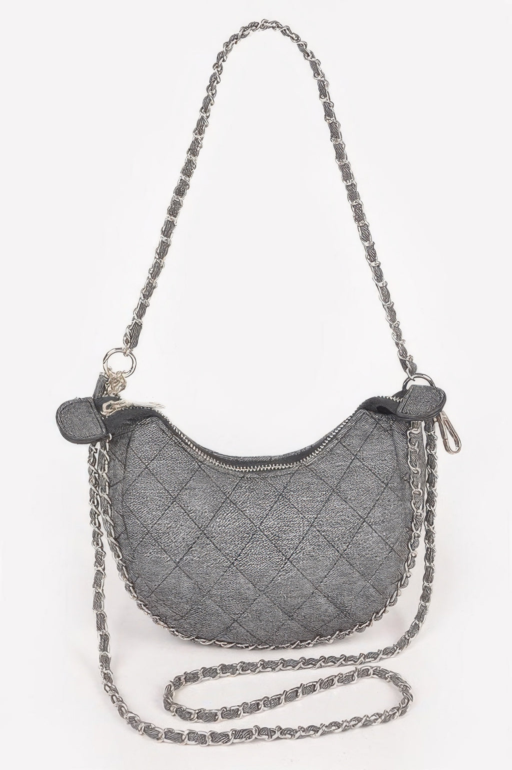 Quilted vegan denim chain crossbody bag in black, with silver chain strap and clasp