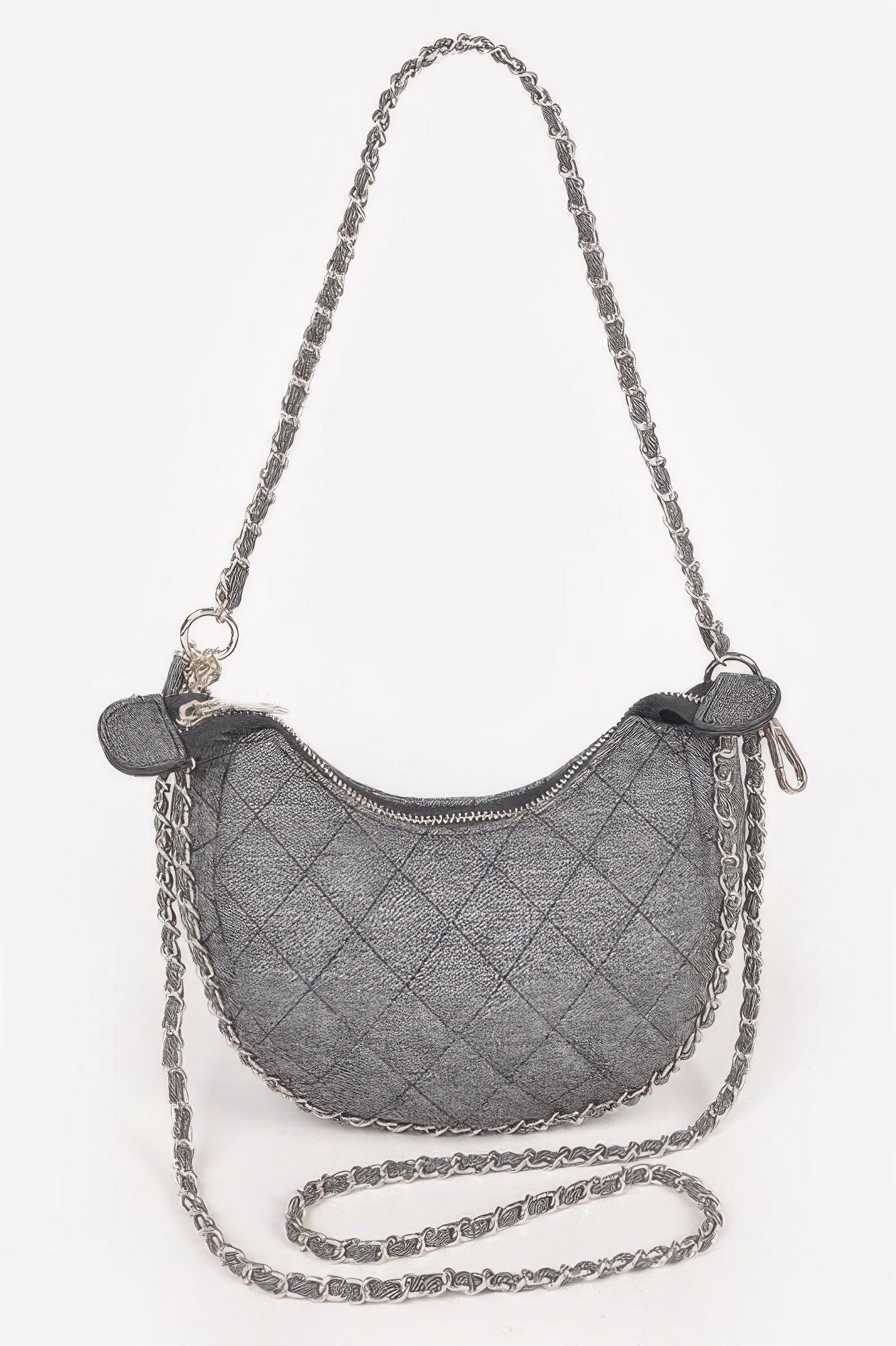 Quilted vegan denim chain crossbody bag in black, with silver chain strap and clasp