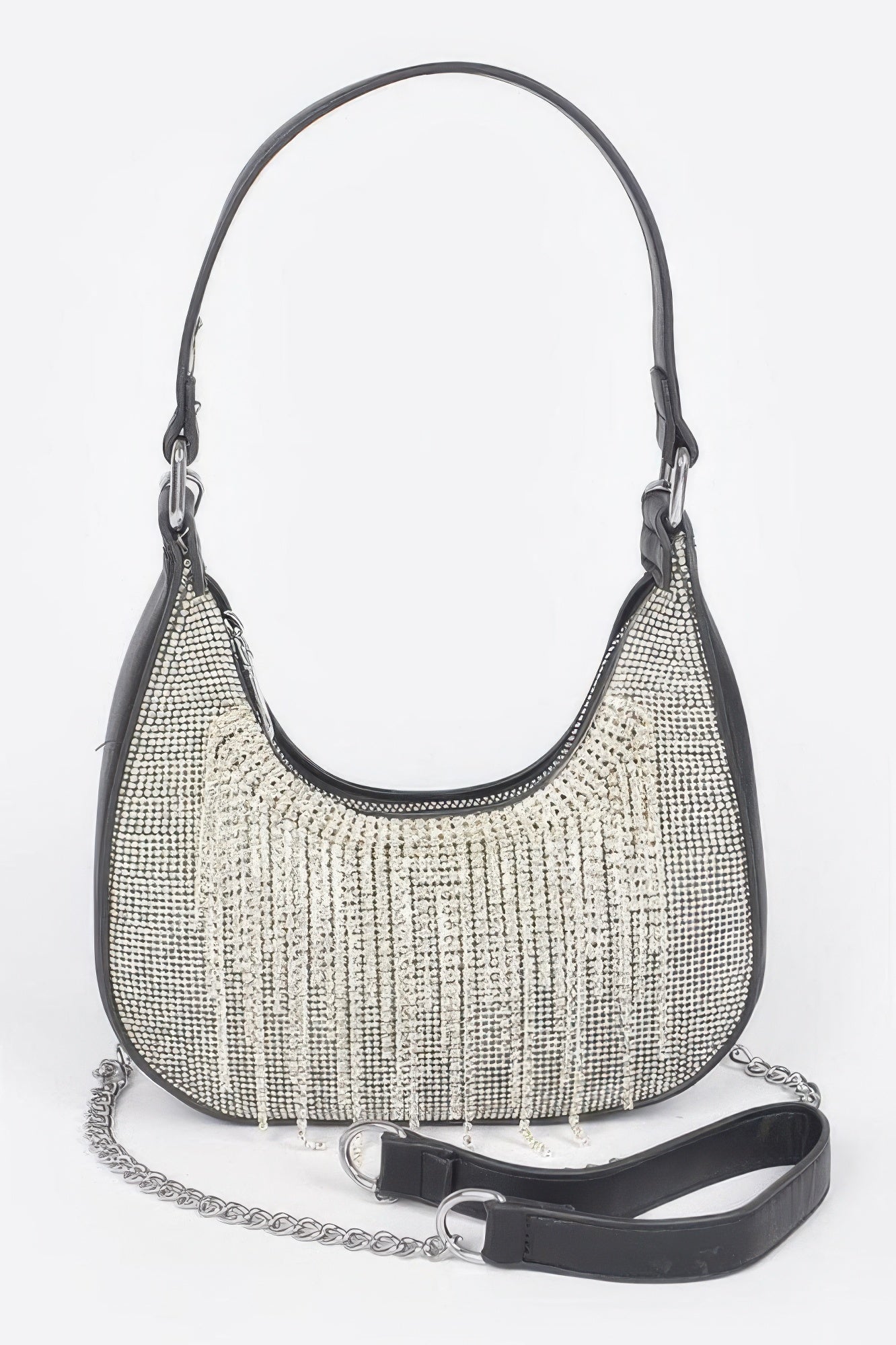 Black hobo bag with rhinestone fringe and chain strap, oval top handles.