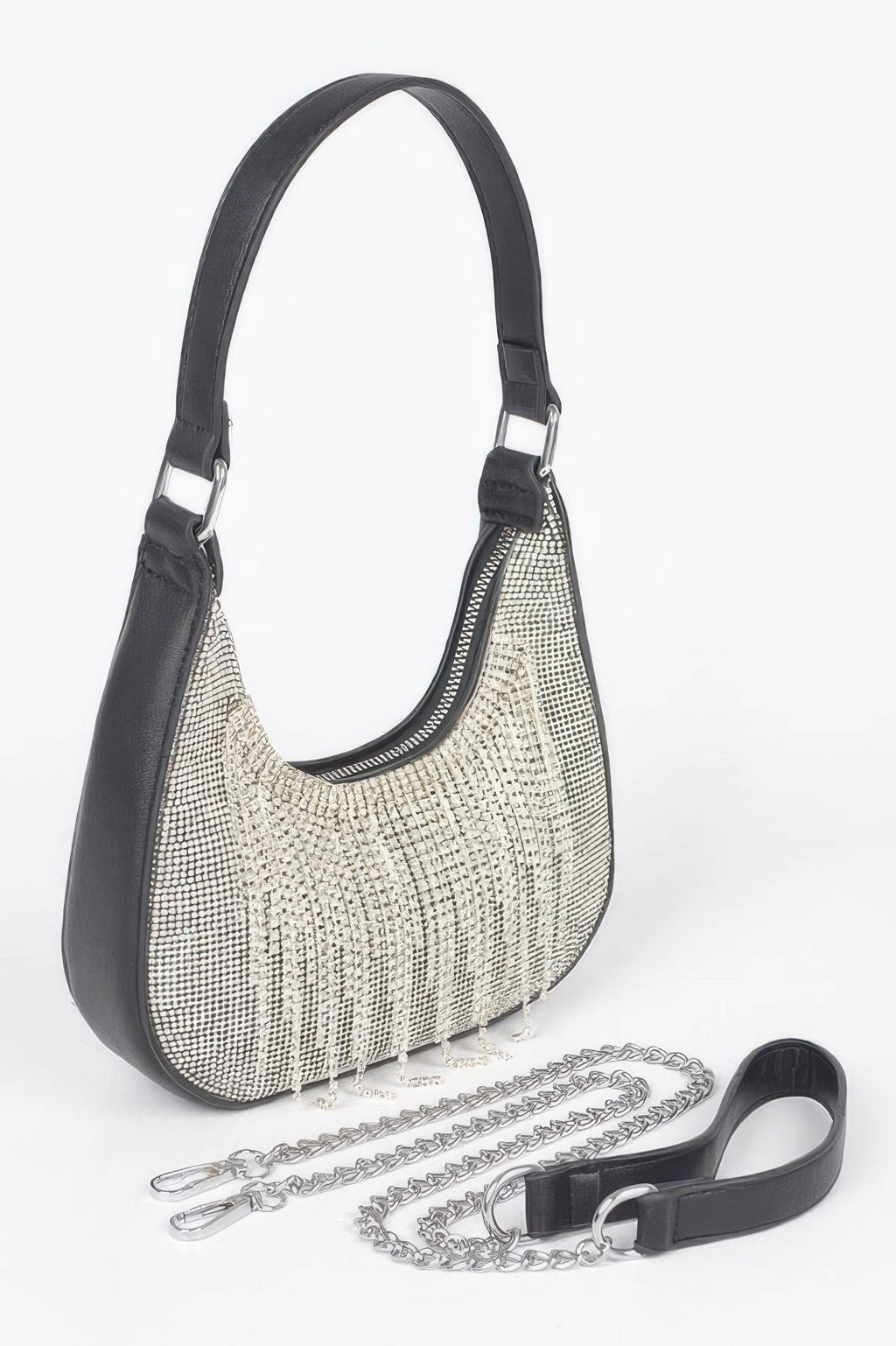Black-and-silver rhinestone fringe hobo bag with shoulder strap and chain.