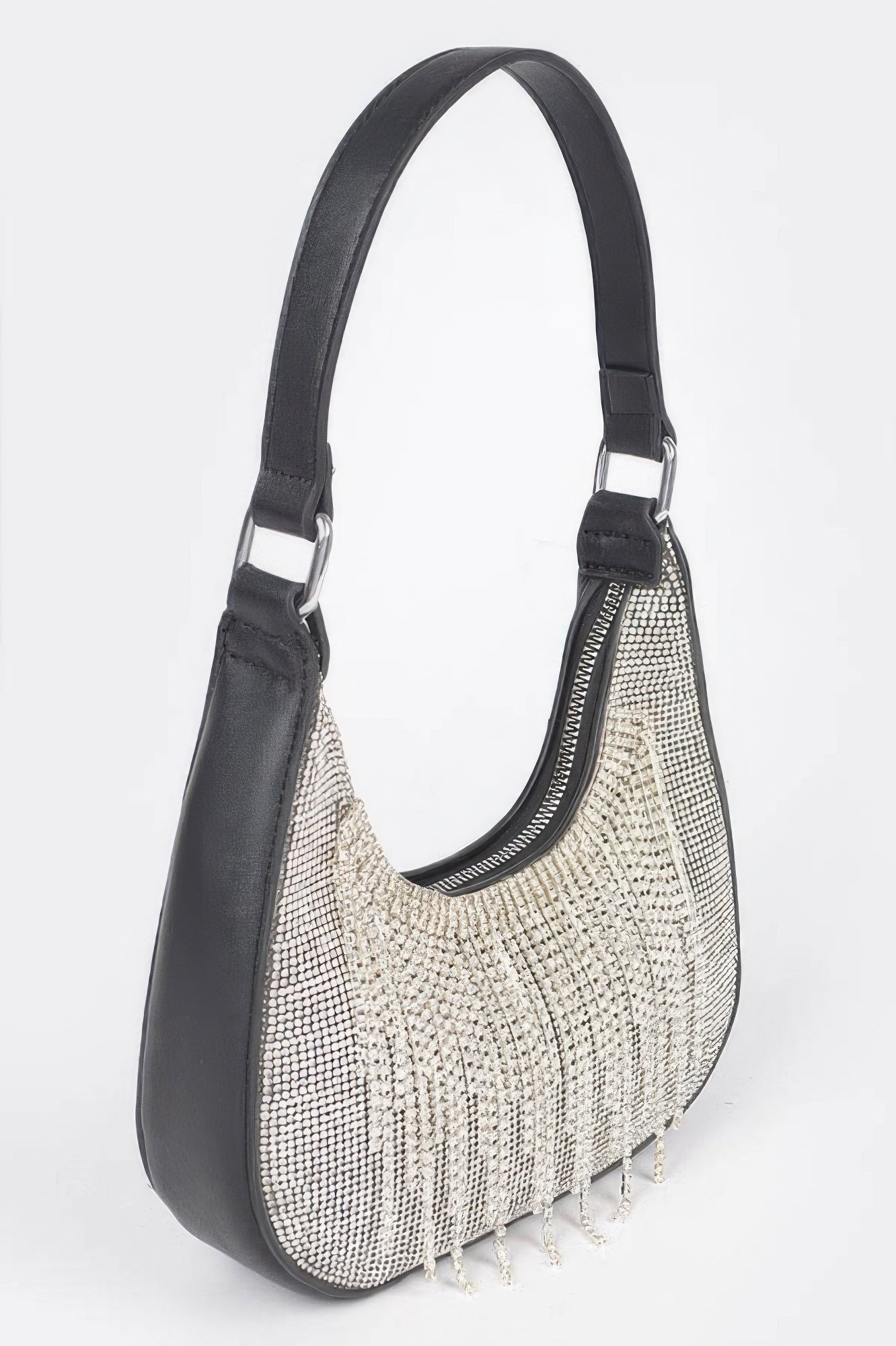 Black hobo bag with rhinestone fringe texture along the front panel.