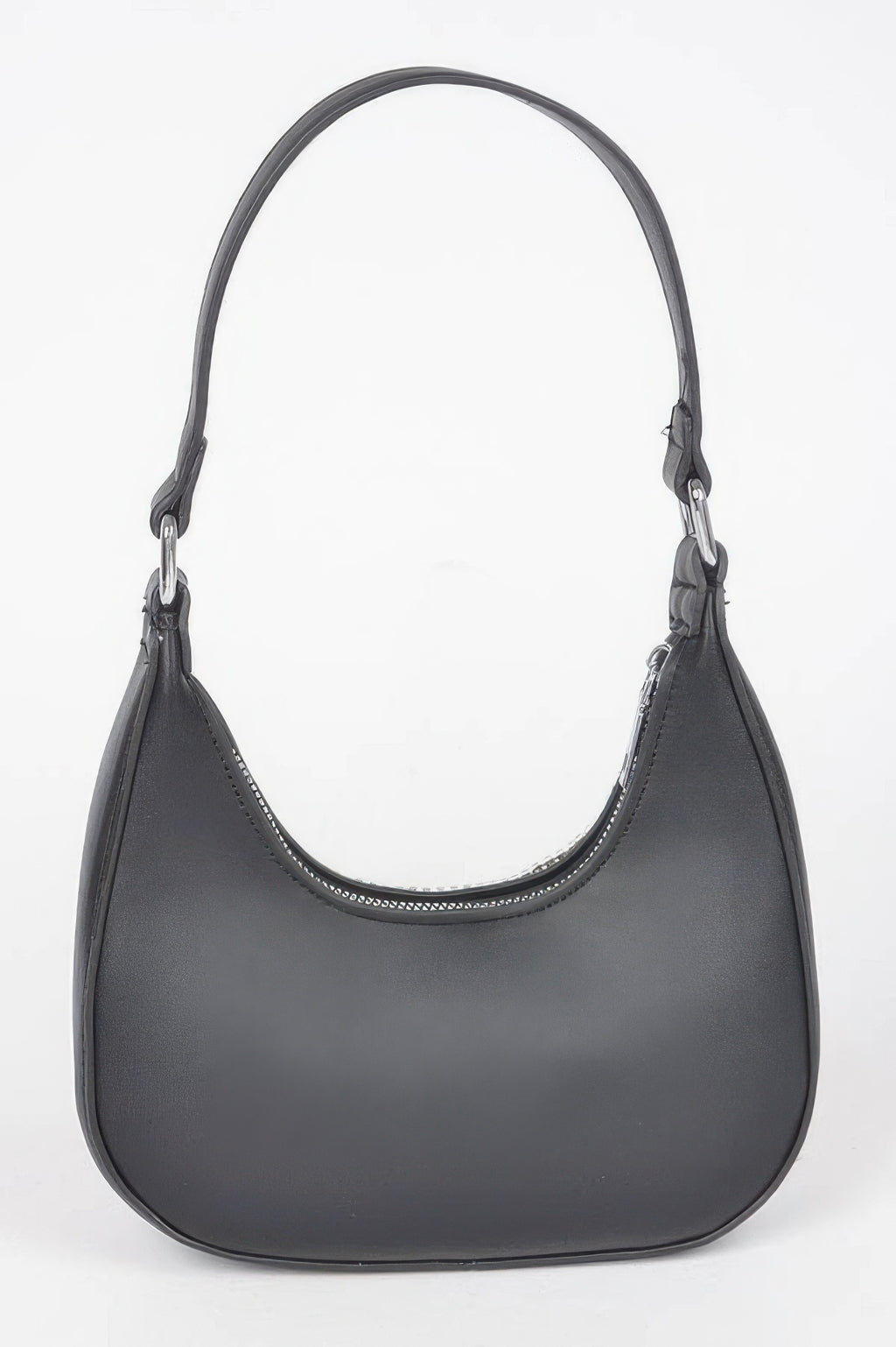Black hobo bag with smooth finish, curved opening, and top handle rings.