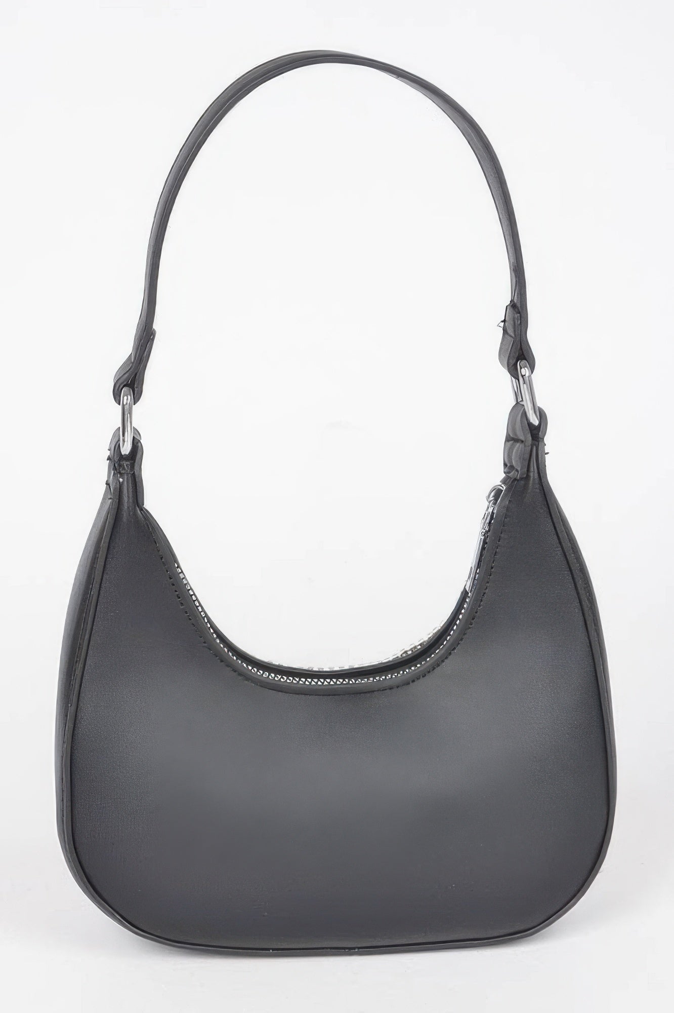 Black hobo bag with smooth finish, curved opening, and top handle rings.