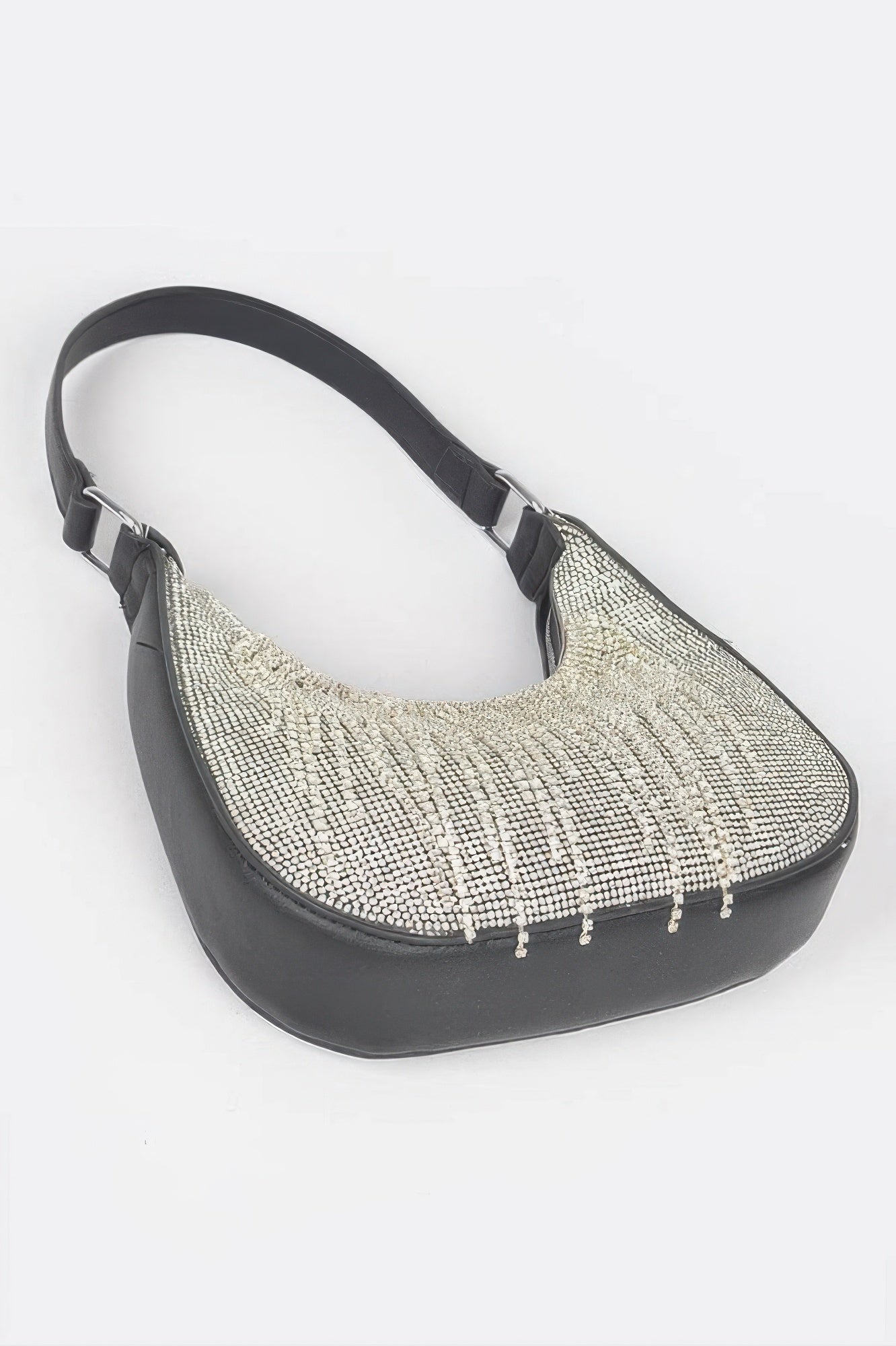 Silver rhinestone fringe hobo bag with black handle straps and scalloped hem.