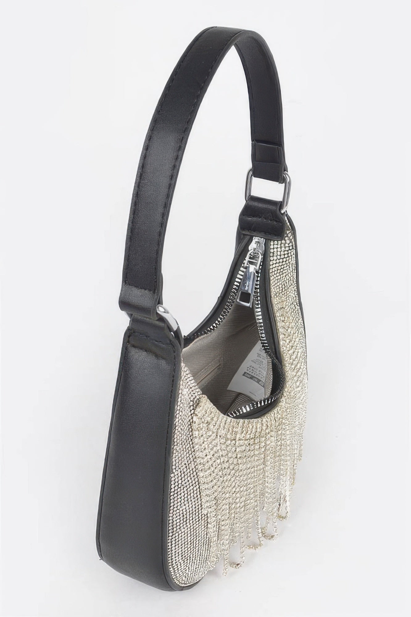 Silver rhinestone fringe hobo bag with black top strap and zipper detail.