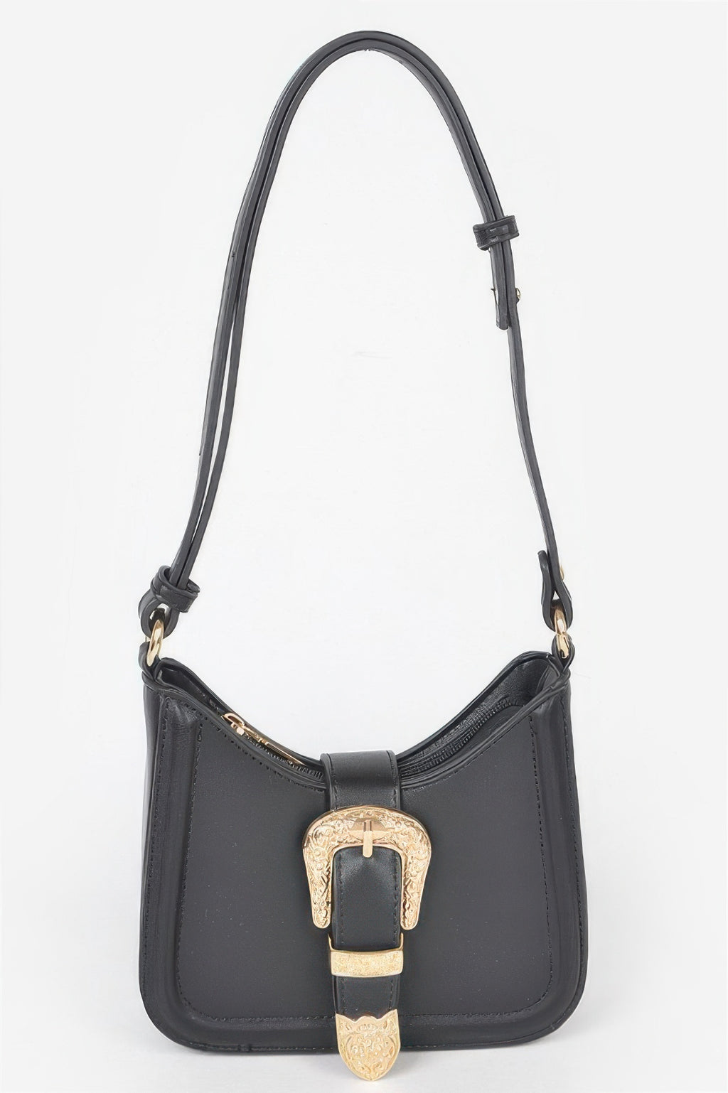 Black vegan shoulder bag with gold-tone metal buckle and curved shoulder handles