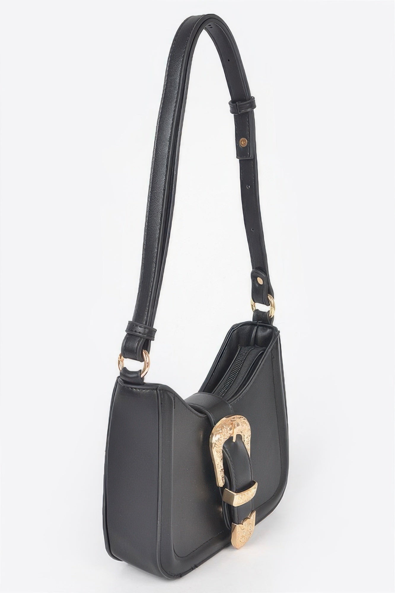 Black vegan shoulder bag side view with gold-tone buckle detail and shoulder strap