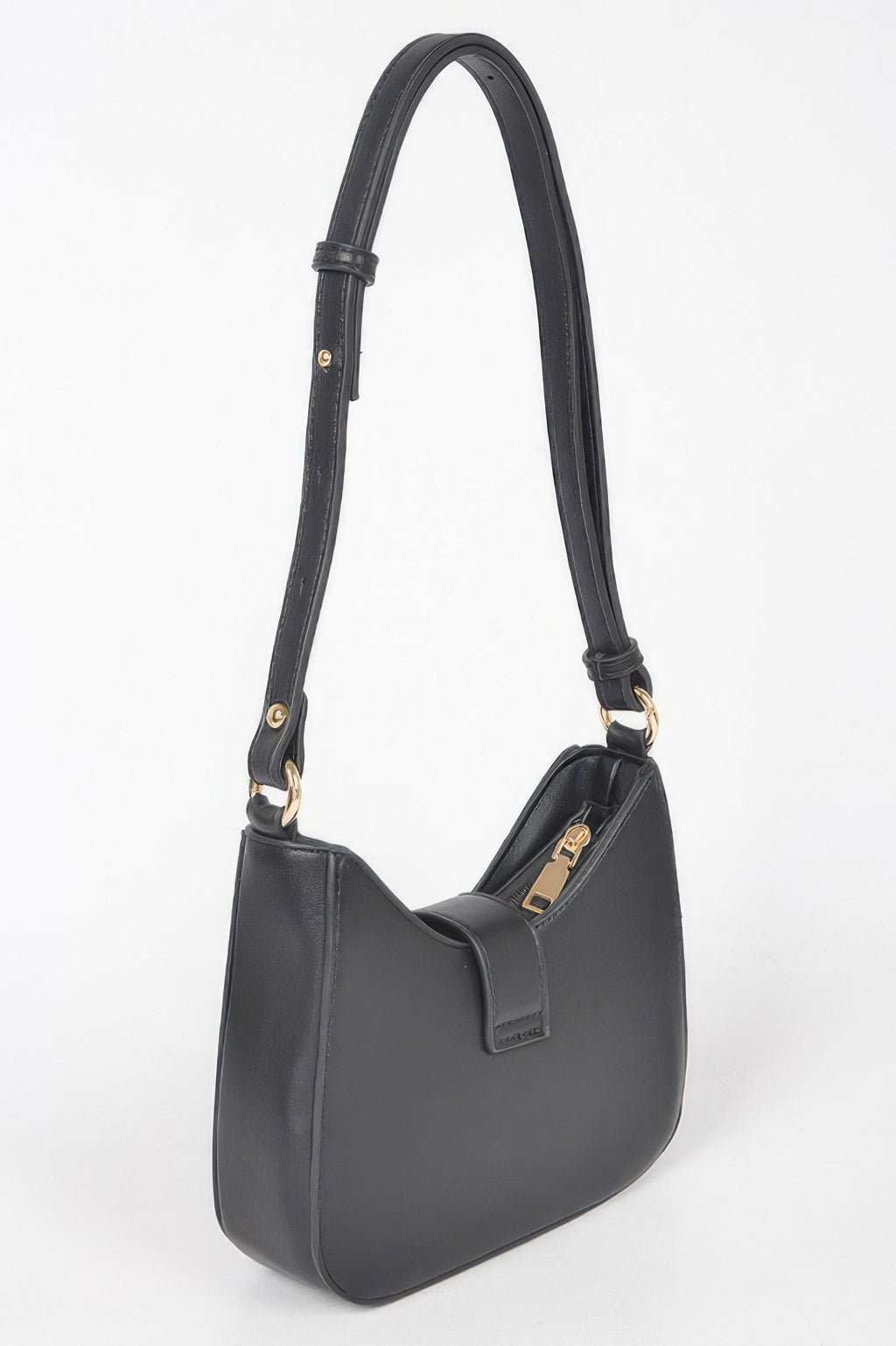 Black vegan shoulder bag front angle with metal buckle and adjustable shoulder strap
