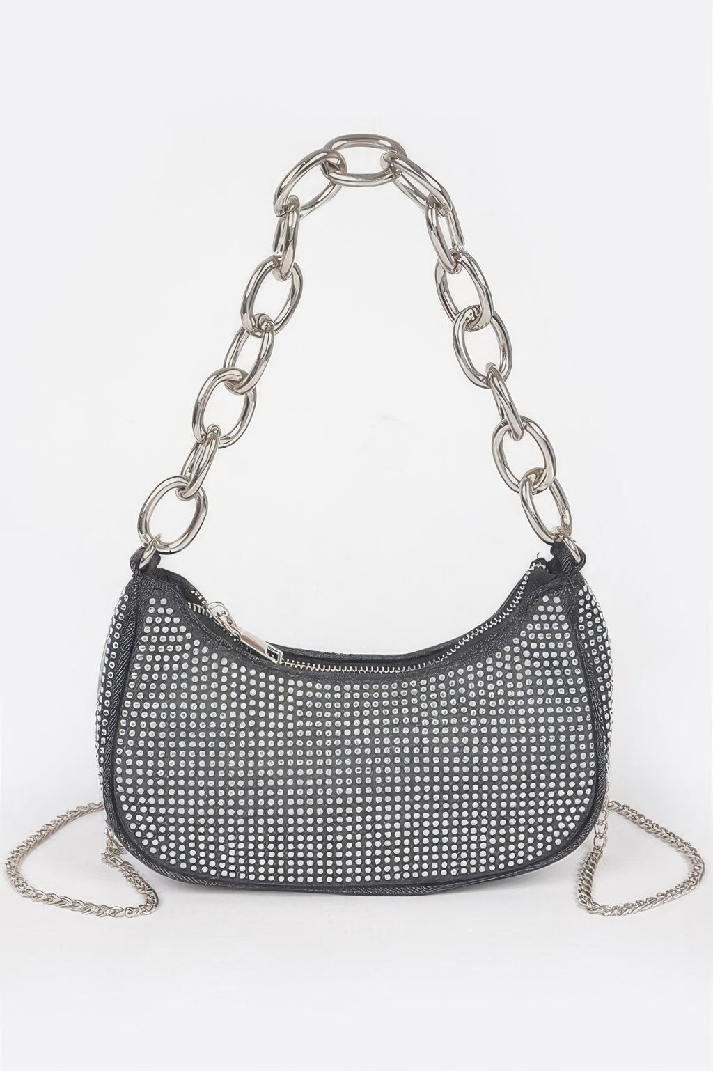 Hot fix stone small hobo bag, black, with chain-link handles and shoulder strap