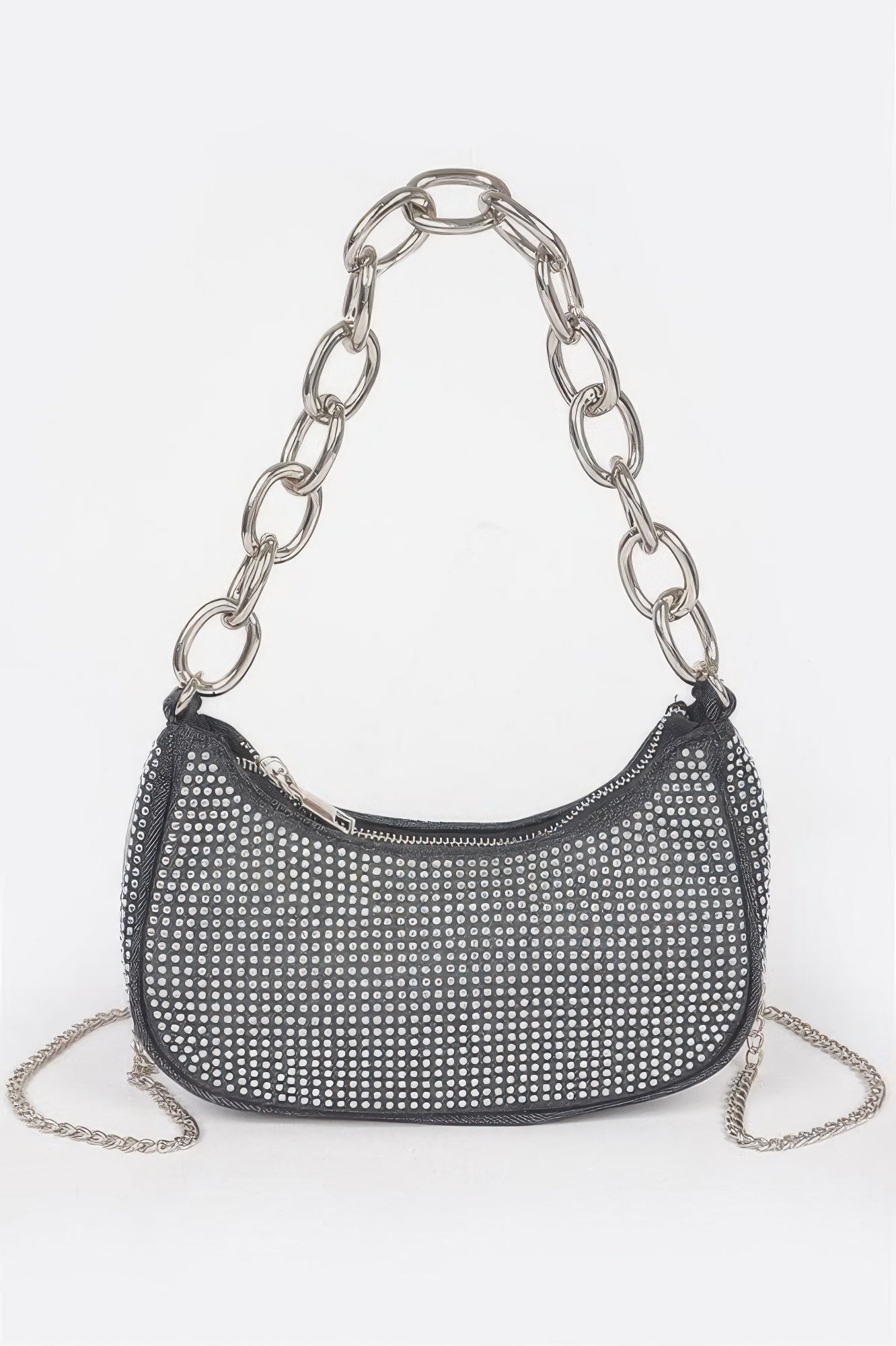 Hot fix stone small hobo bag, black, with chain-link handles and shoulder strap