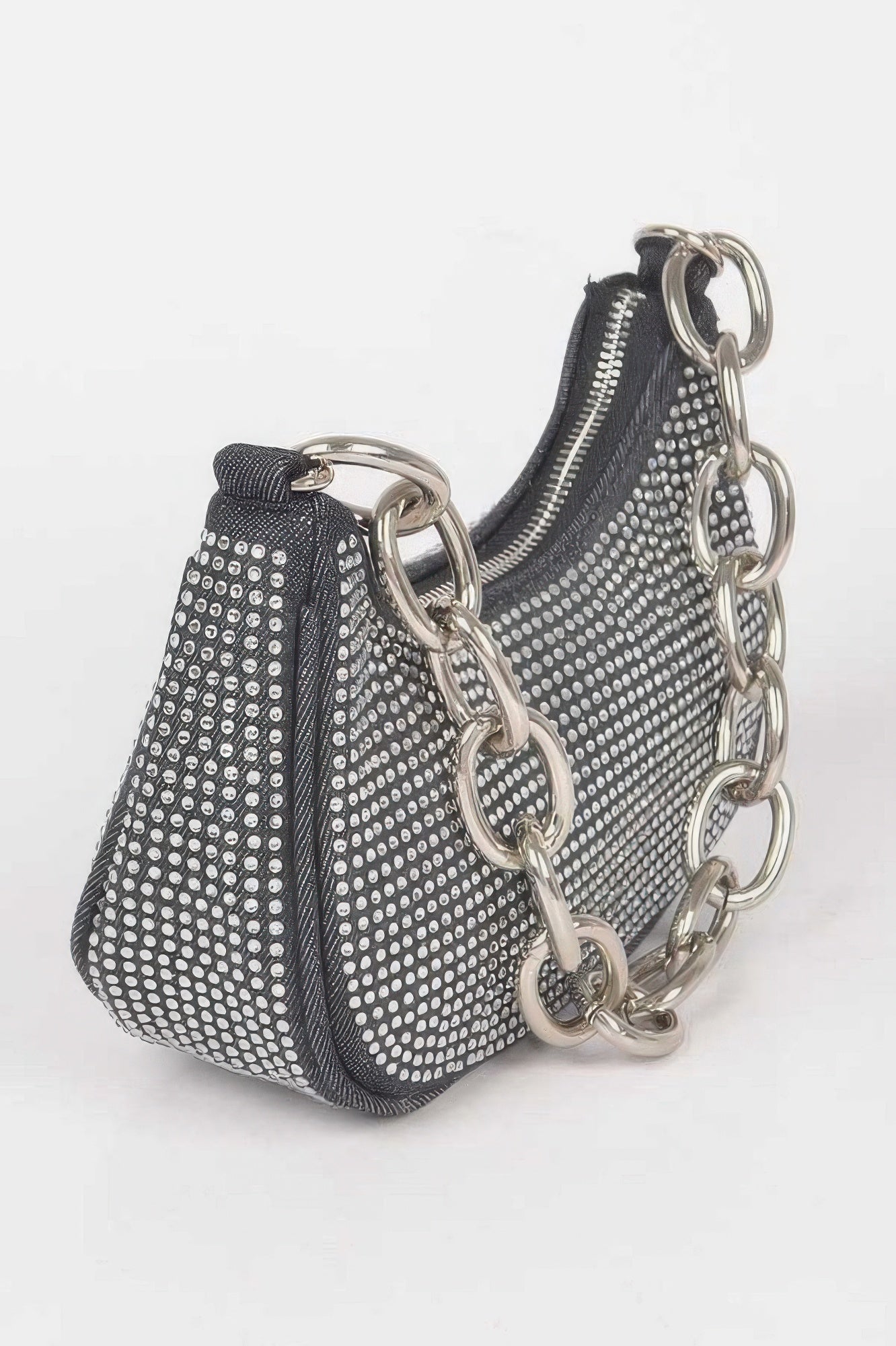 Black hot fix stone small hobo bag with rhinestone texture and top zipper, chain strap