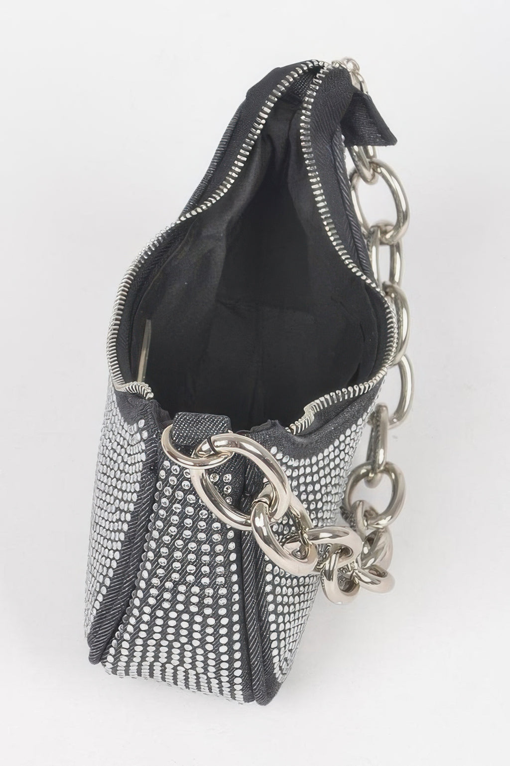 Black hot fix stone small hobo bag open top with dark lining and silver chain rings