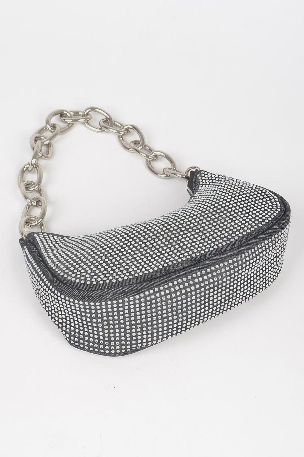 Black hot fix stone small hobo bag with curved front and silver chain shoulder strap