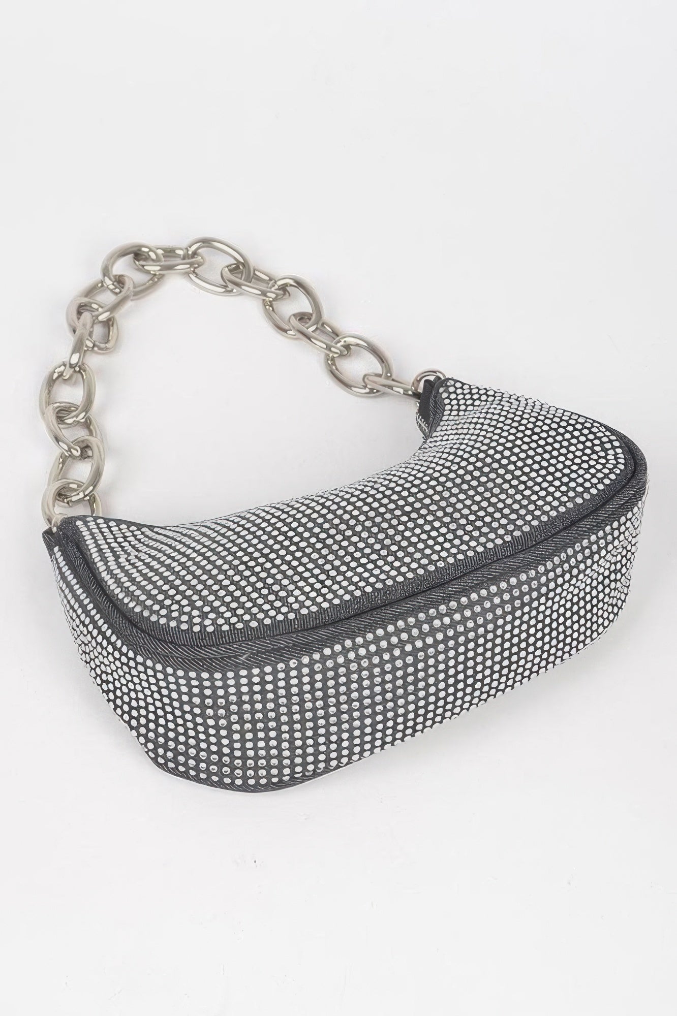 Black hot fix stone small hobo bag with curved front and silver chain shoulder strap