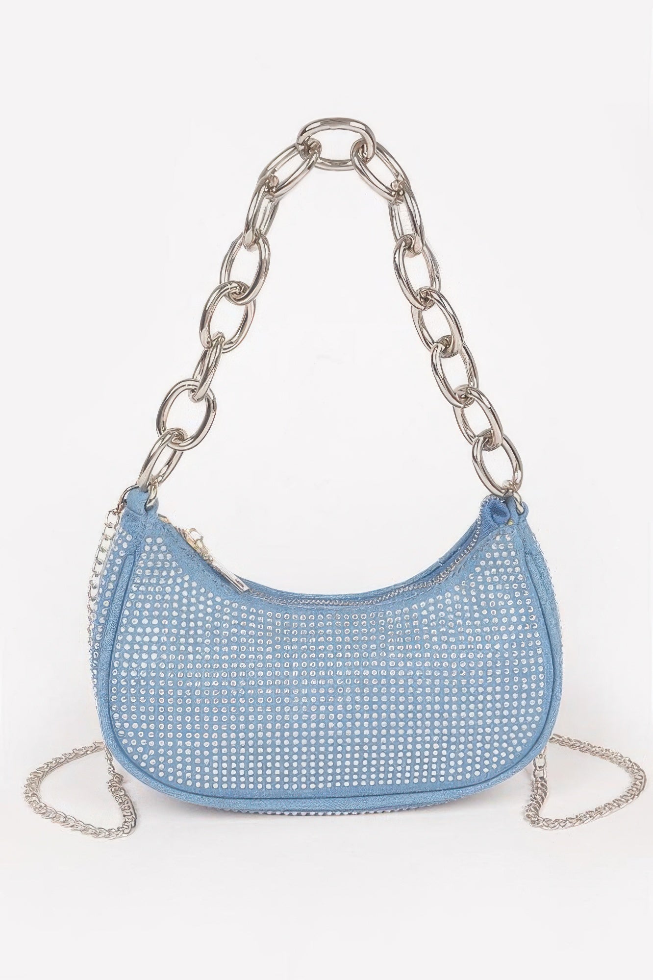 Dark blue hot fix stone small hobo bag with curved shape and chain shoulder strap