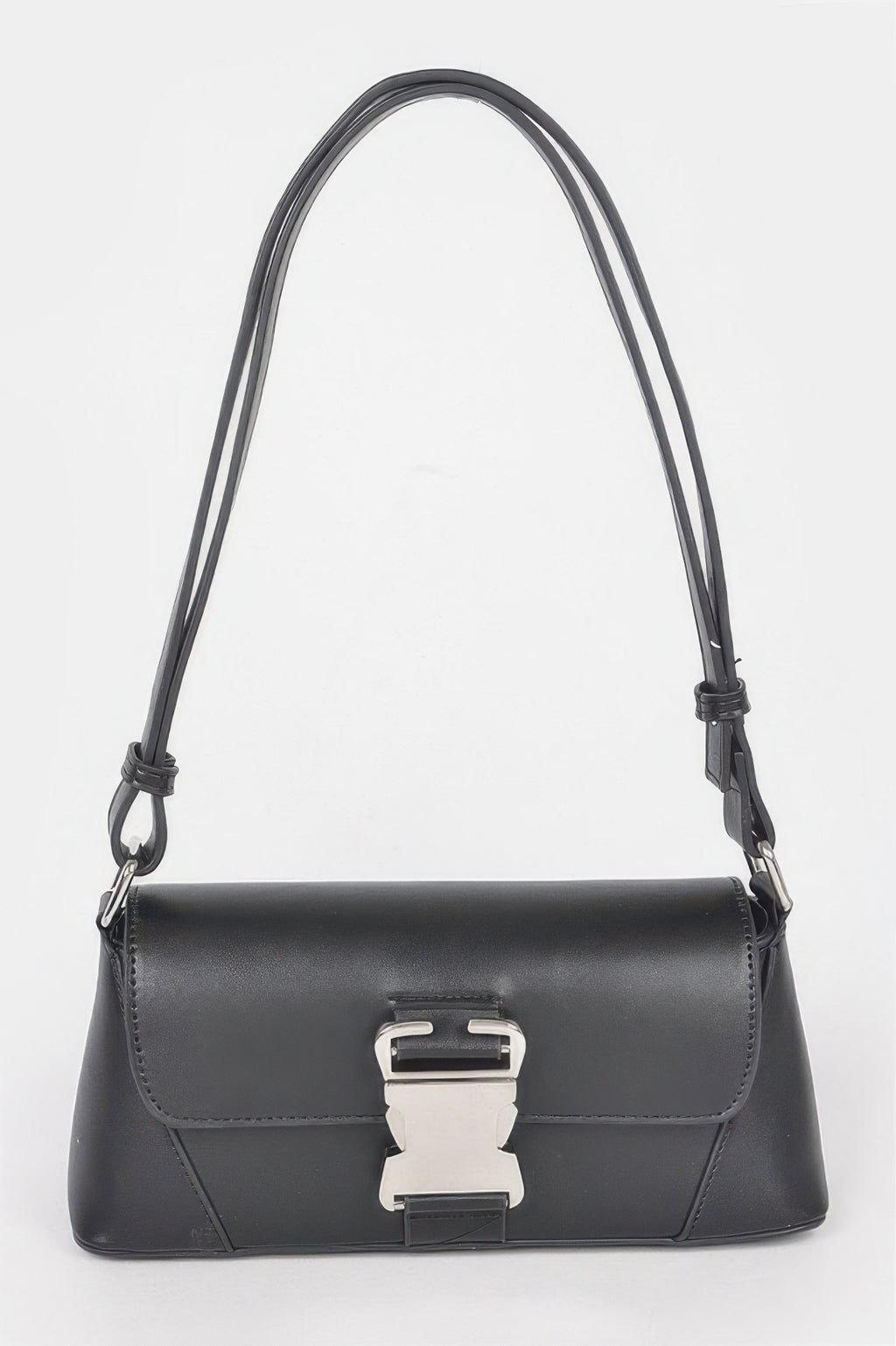 Black faux leather shoulder bag with metal buckle flap closure