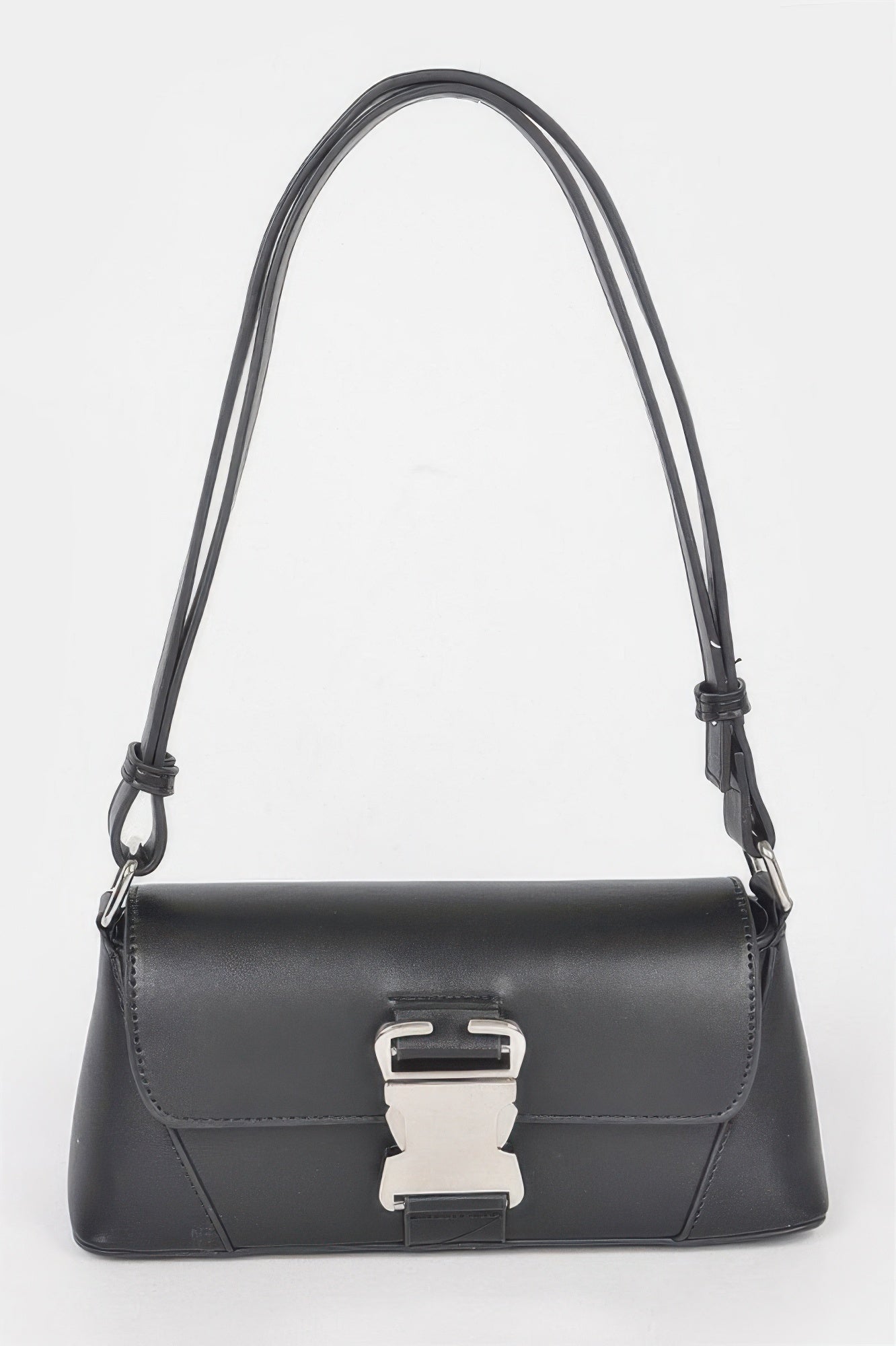 Black faux leather shoulder bag with metal buckle flap closure