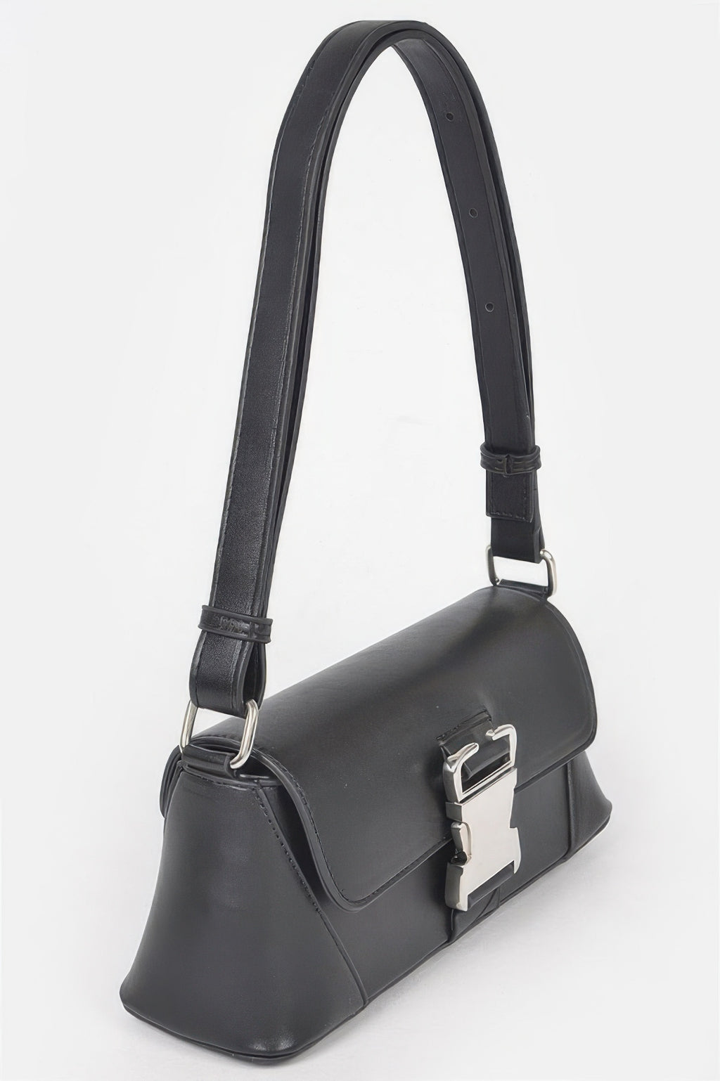 Black faux leather shoulder bag with structured flap and metal buckle