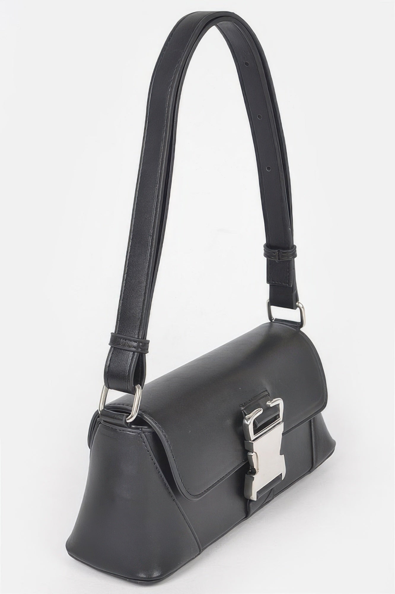 Black faux leather shoulder bag with structured flap and metal buckle