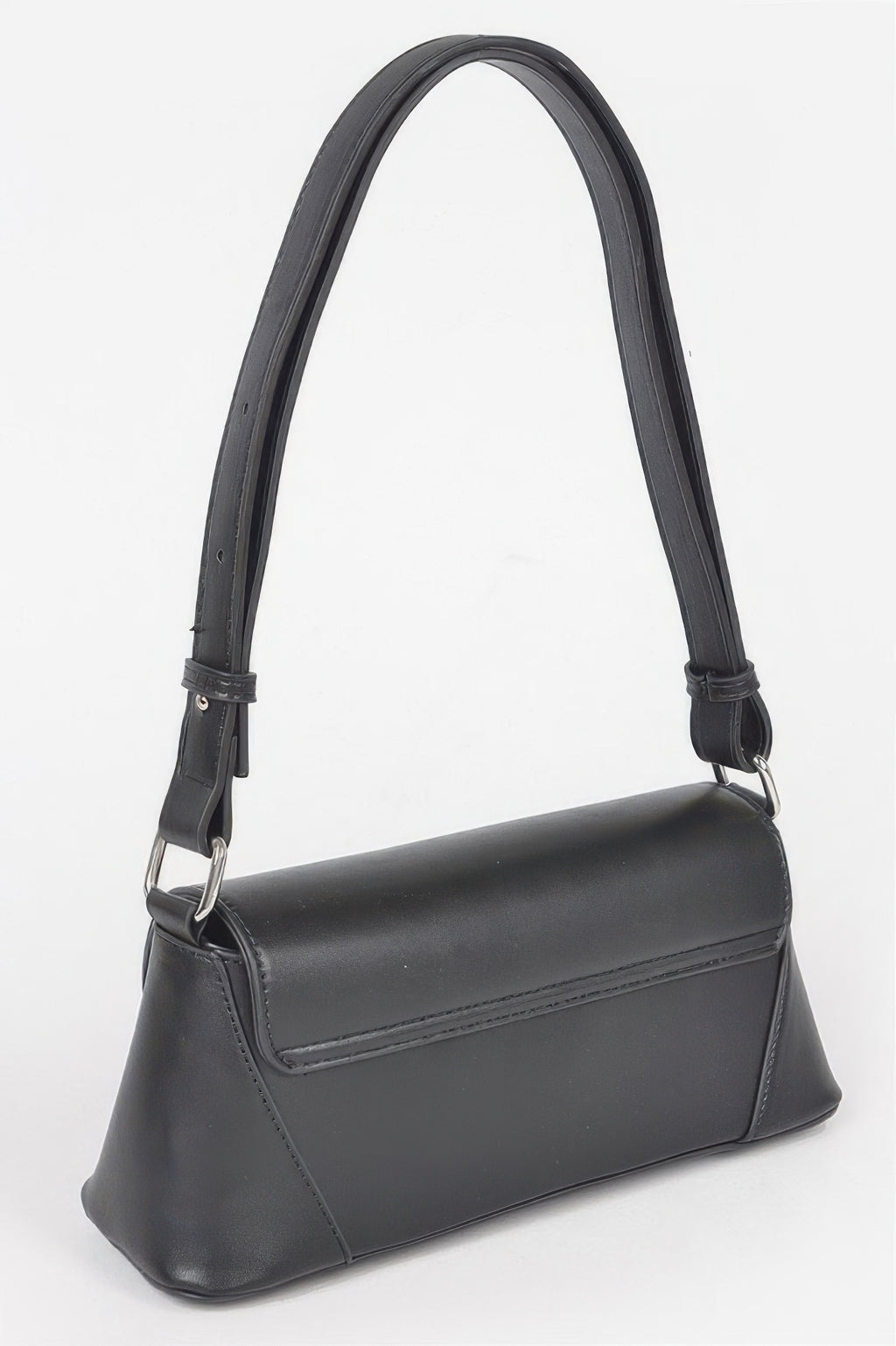 Black faux leather shoulder bag, side profile with top handle straps