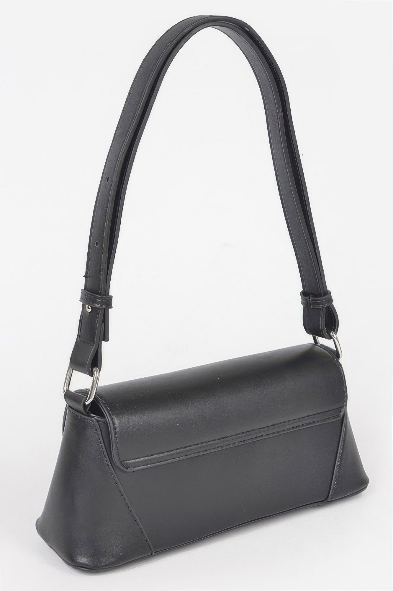 Black faux leather shoulder bag, side profile with top handle straps