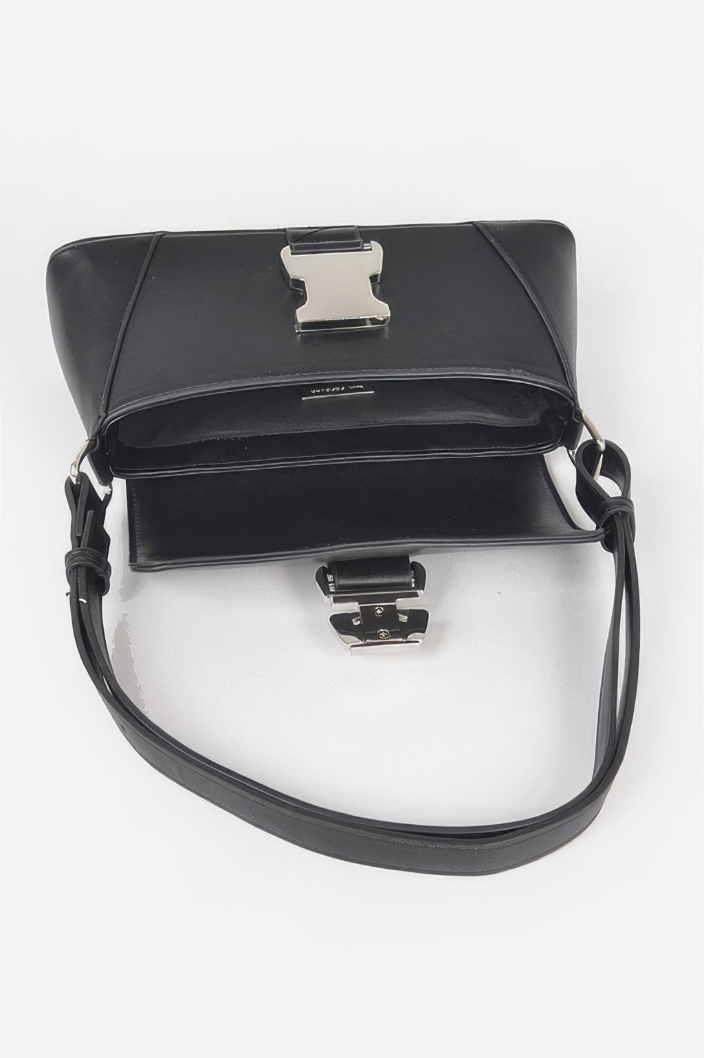 Black faux leather shoulder bag, crossbody strap with metal buckle details