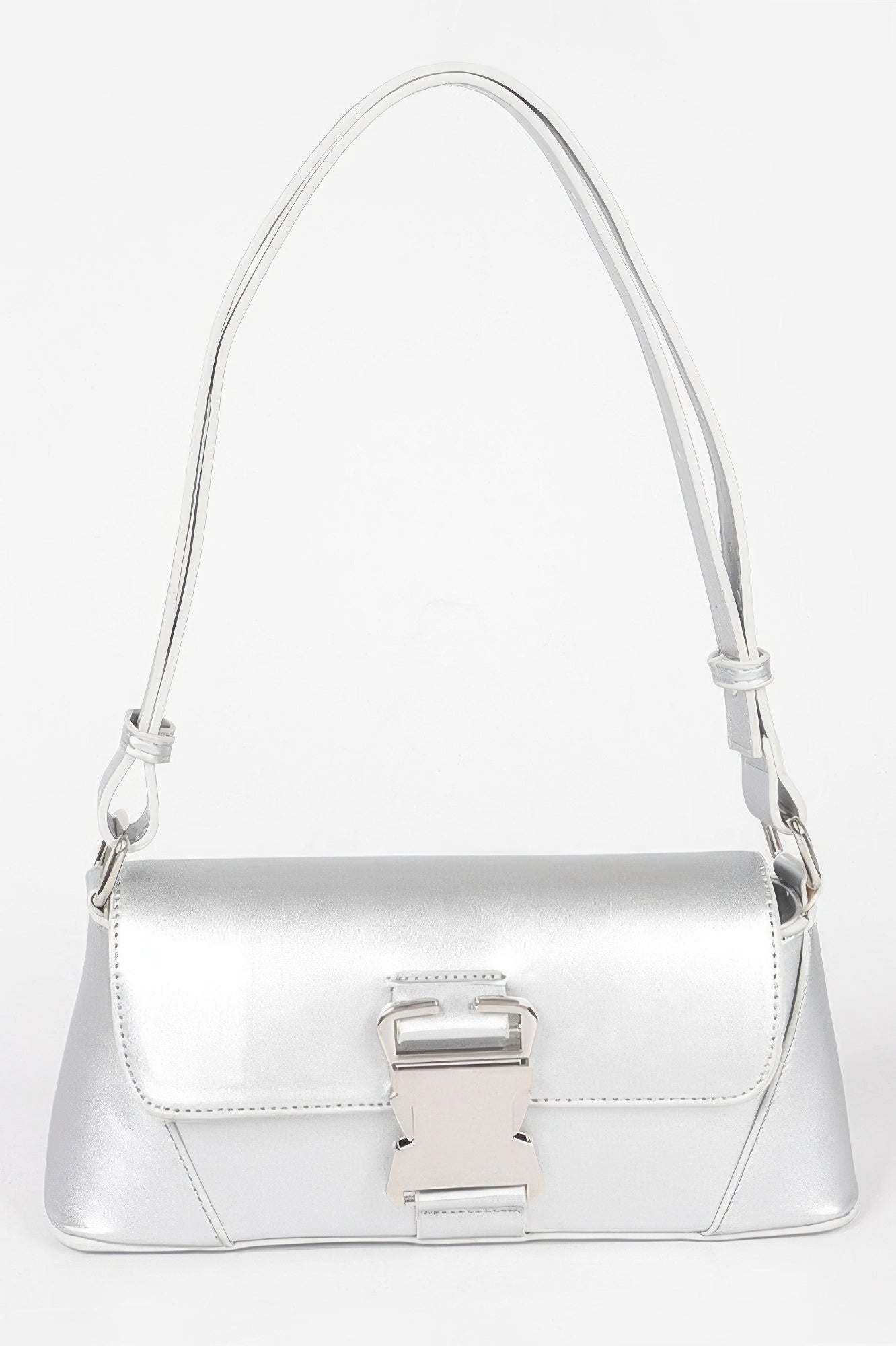 White faux leather shoulder bag with metal buckle flap closure
