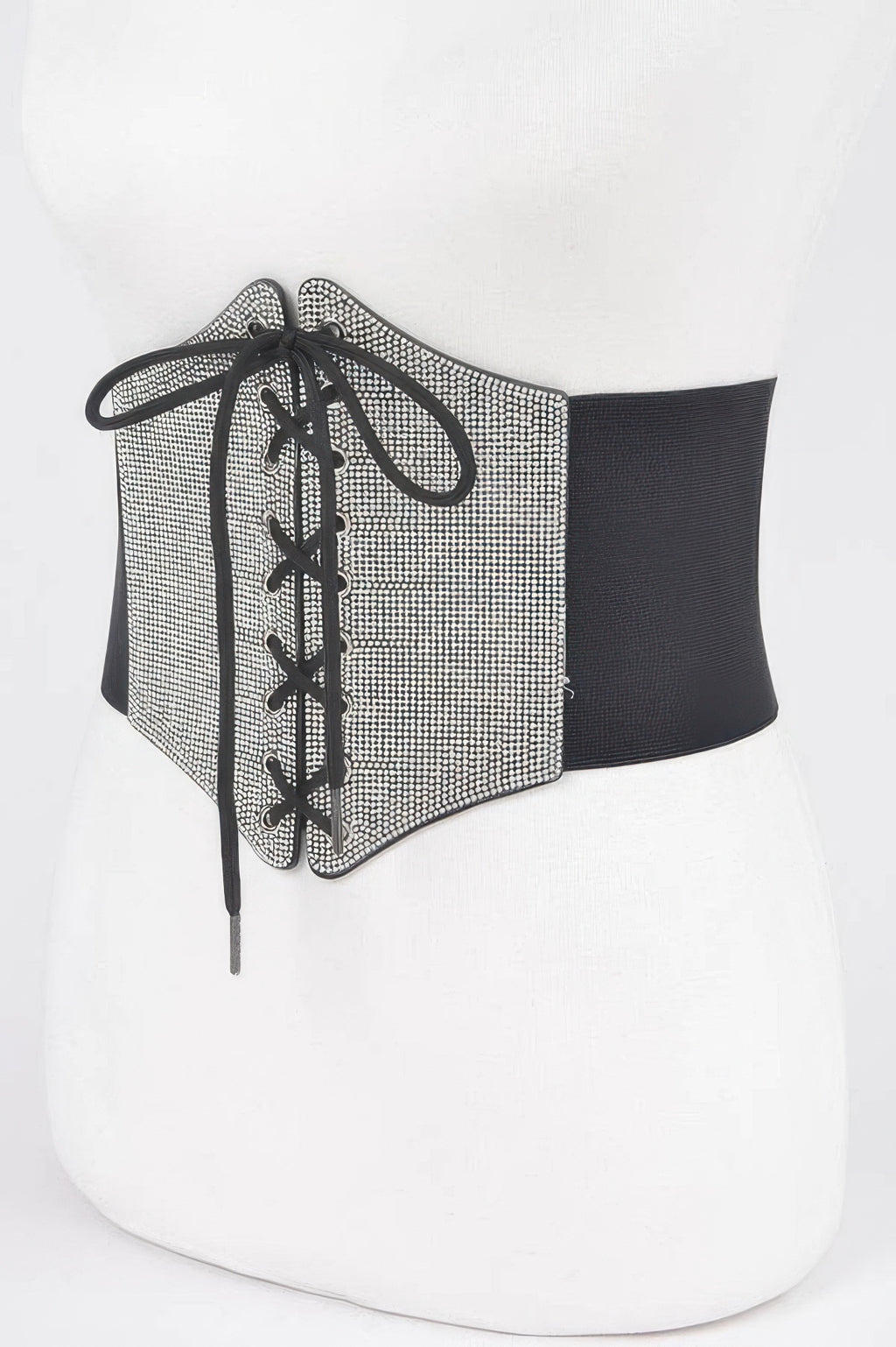 Schwarzer Rhinestone-Corsagenelastikgürtel, Strass-Front mit Schnürbändern