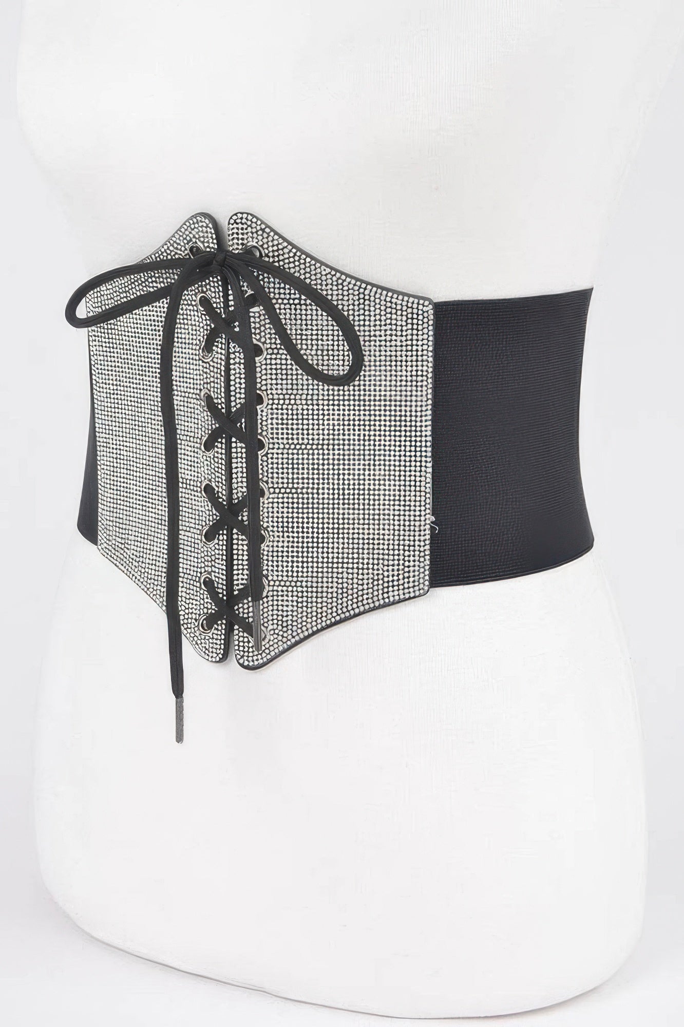 Schwarzer Rhinestone-Corsagenelastikgürtel, Strass-Front mit Schnürbändern