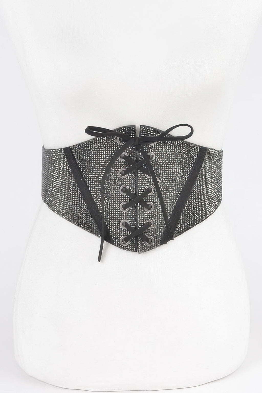 Hematite rhinestone elastic corset belt with black lace-up front and bow ties
