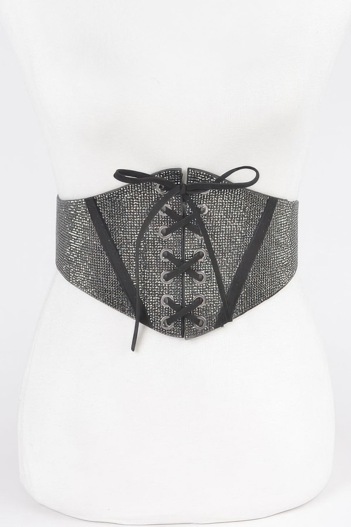 Hematite rhinestone elastic corset belt with black lace-up front and bow ties