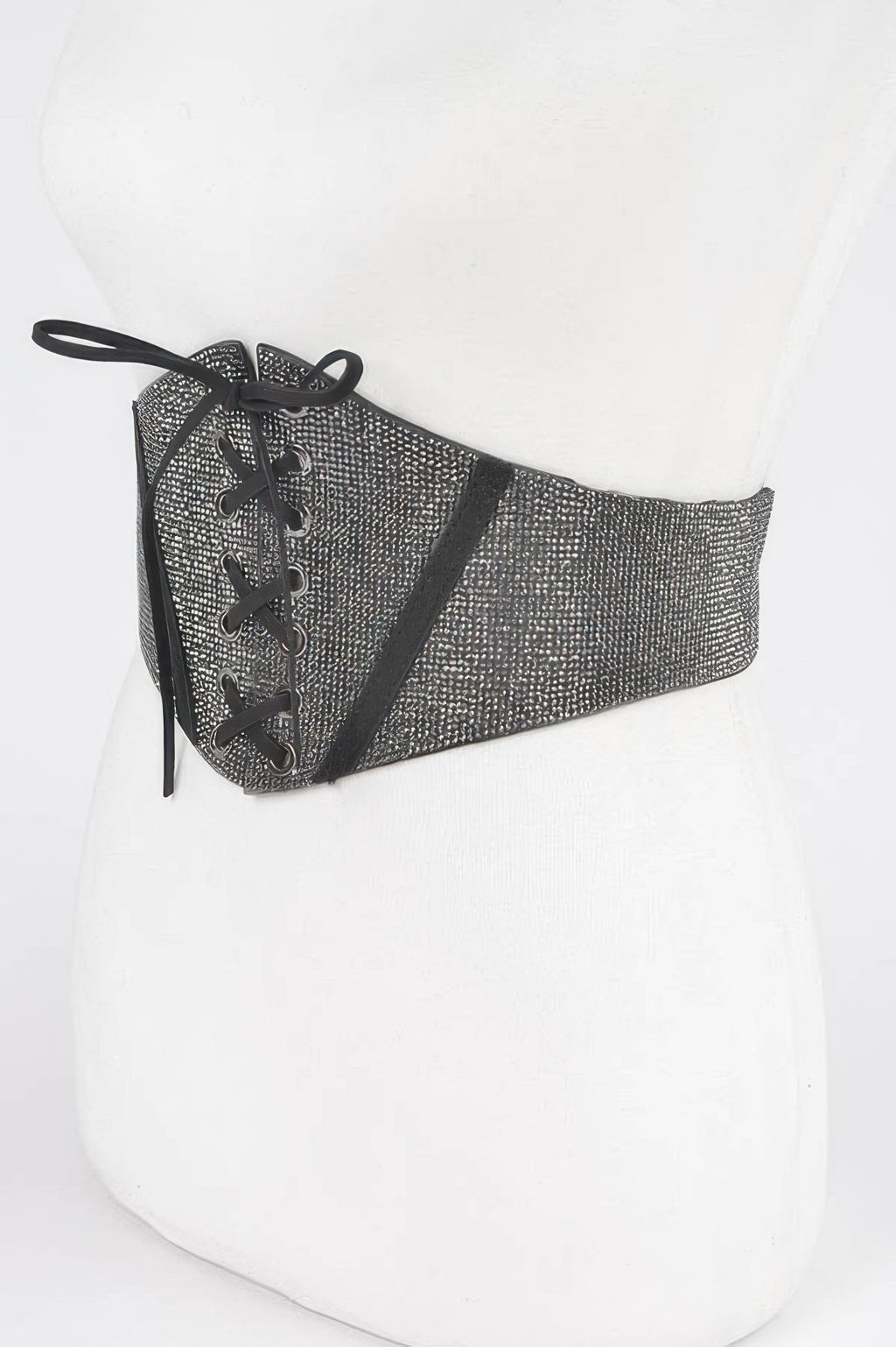 Rhinestone elastic corset belt in hematite with black lace-up grommets and straps