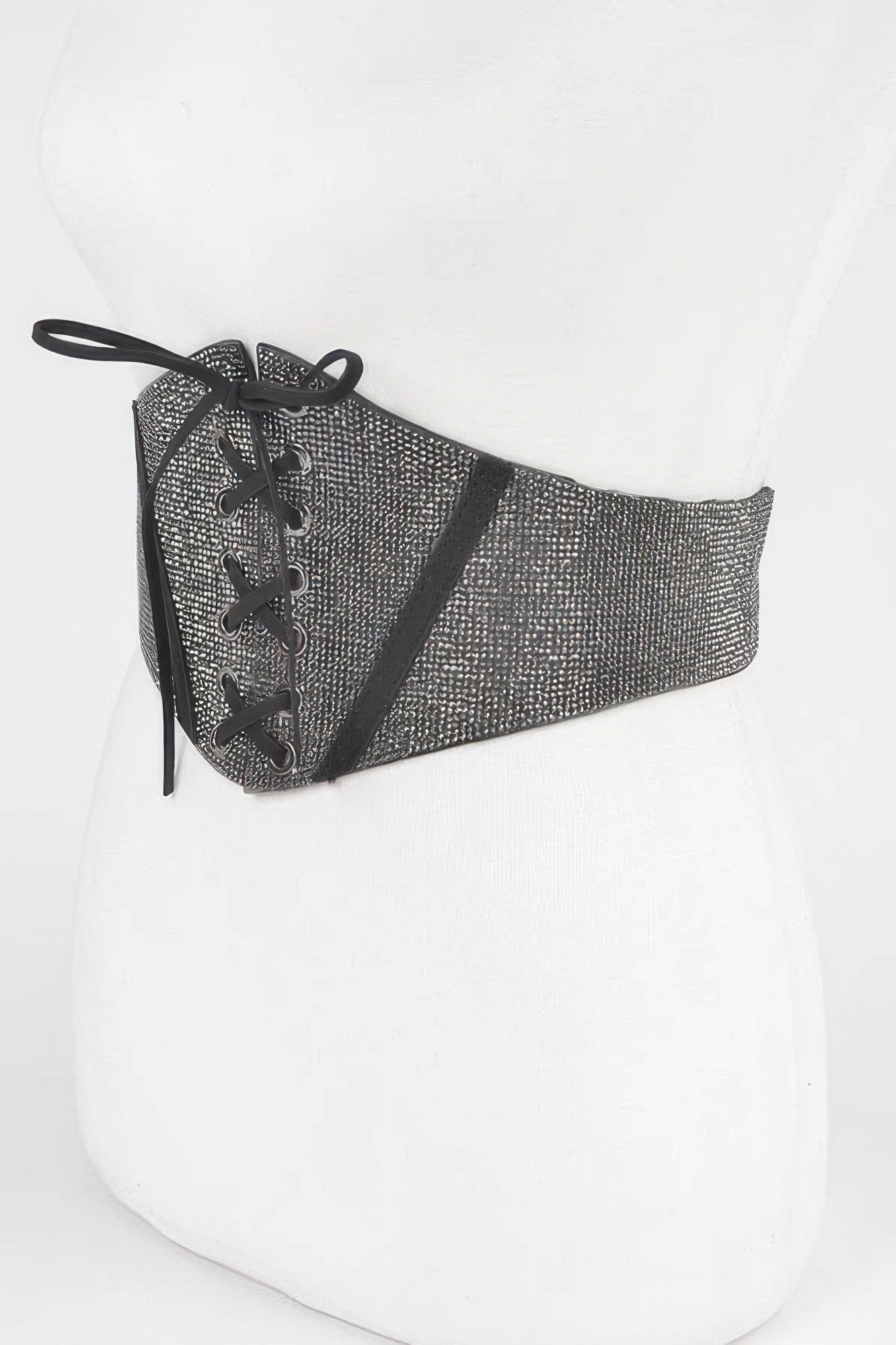 Rhinestone elastic corset belt in hematite with black lace-up grommets and straps