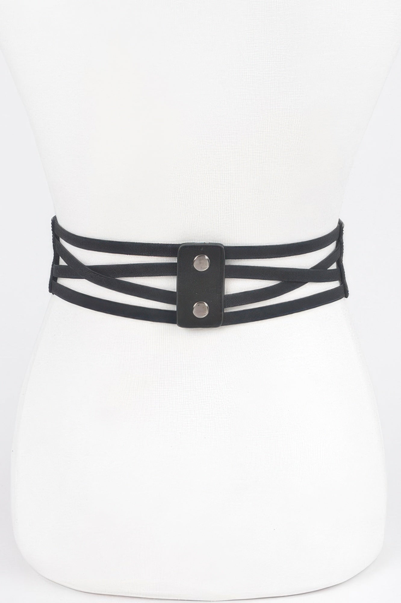 Hematite rhinestone elastic corset belt with black striped crisscross front straps