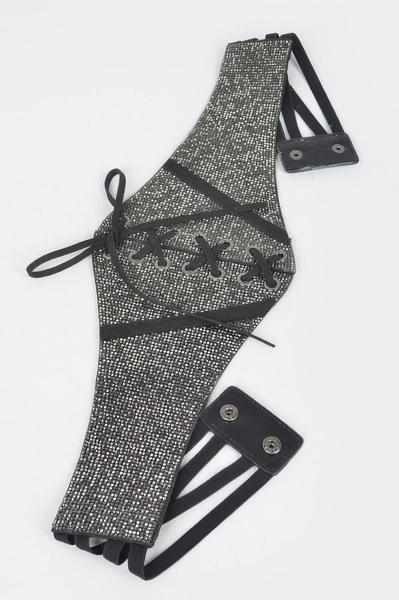 Hematite rhinestone corset belt with lace-up panel, black straps, and metal snap tabs