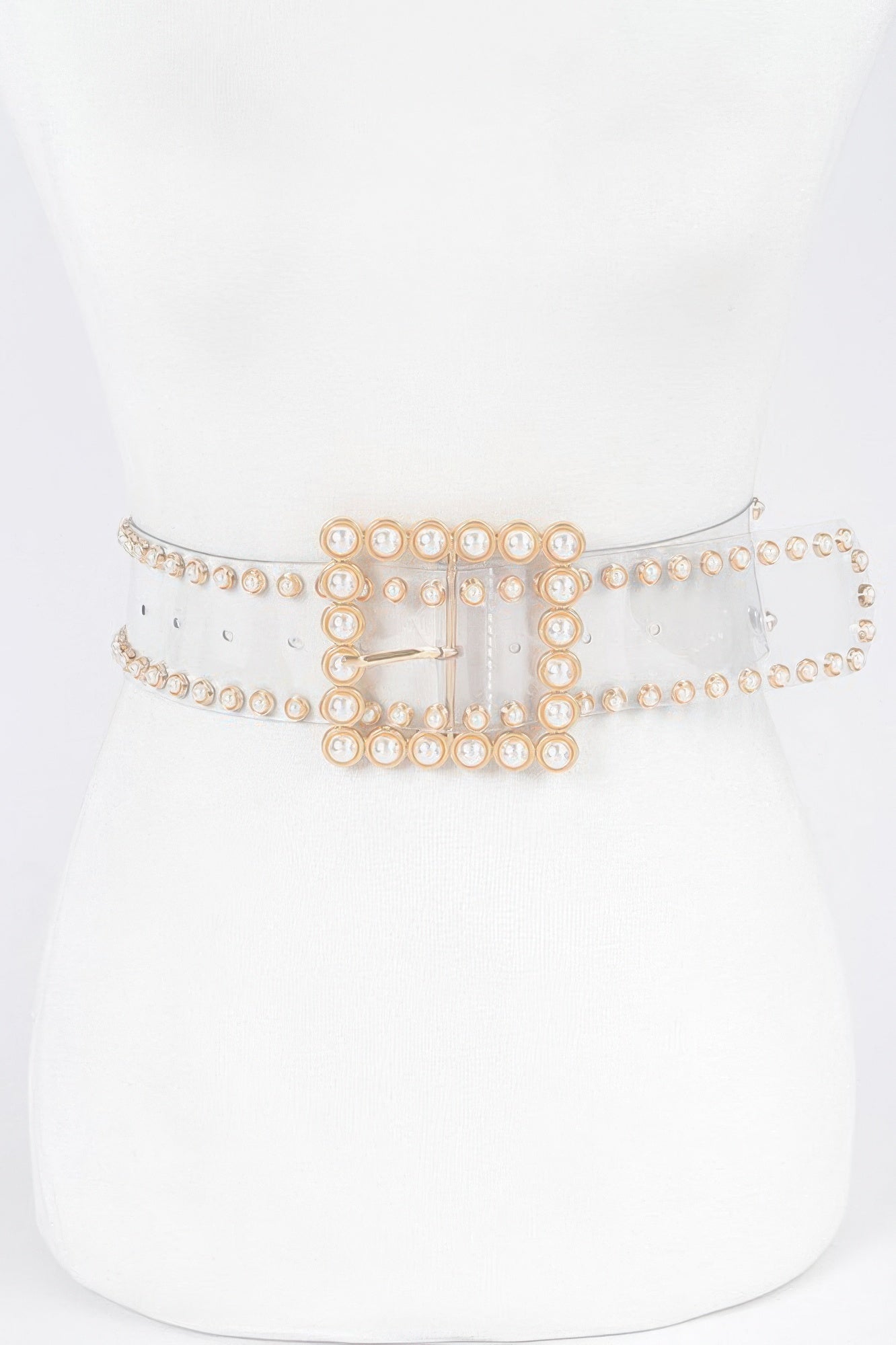 Pearl Buckle clear belt with stones—cream pearl-like links and rhinestone border