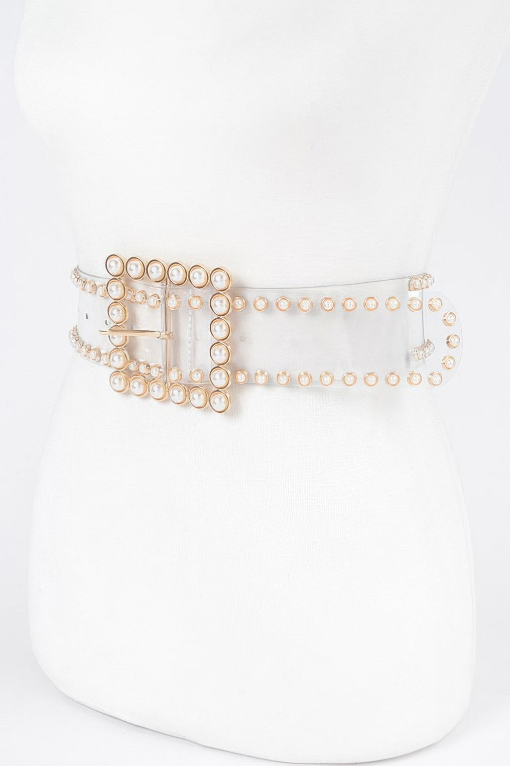 Pearl Buckle clear belt with stones, gold-tone buckle and double crystal row