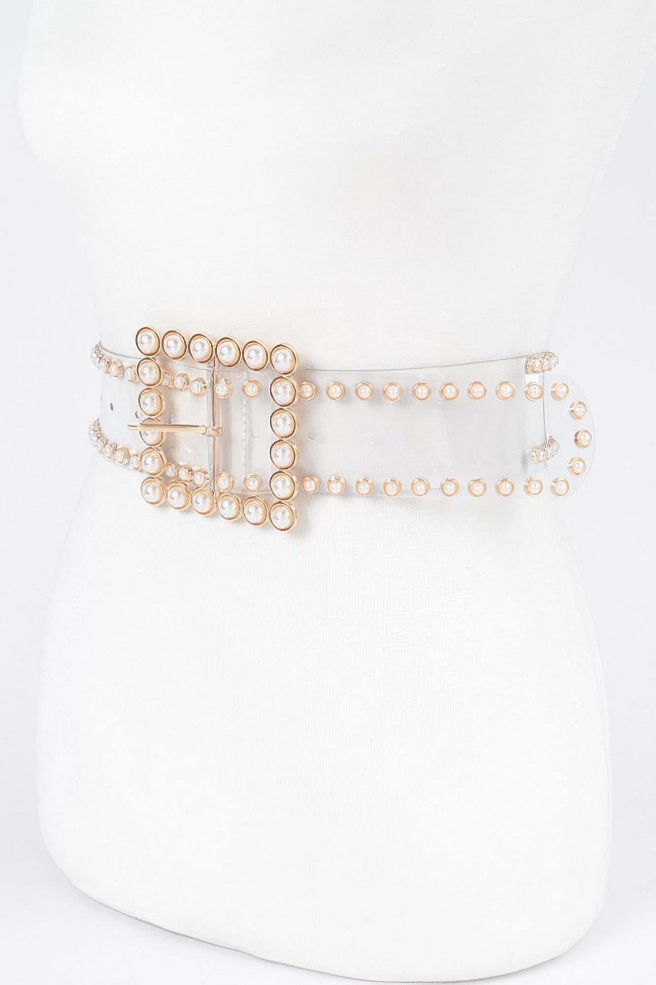 Pearl Buckle clear belt with stones, gold-tone buckle and double crystal row