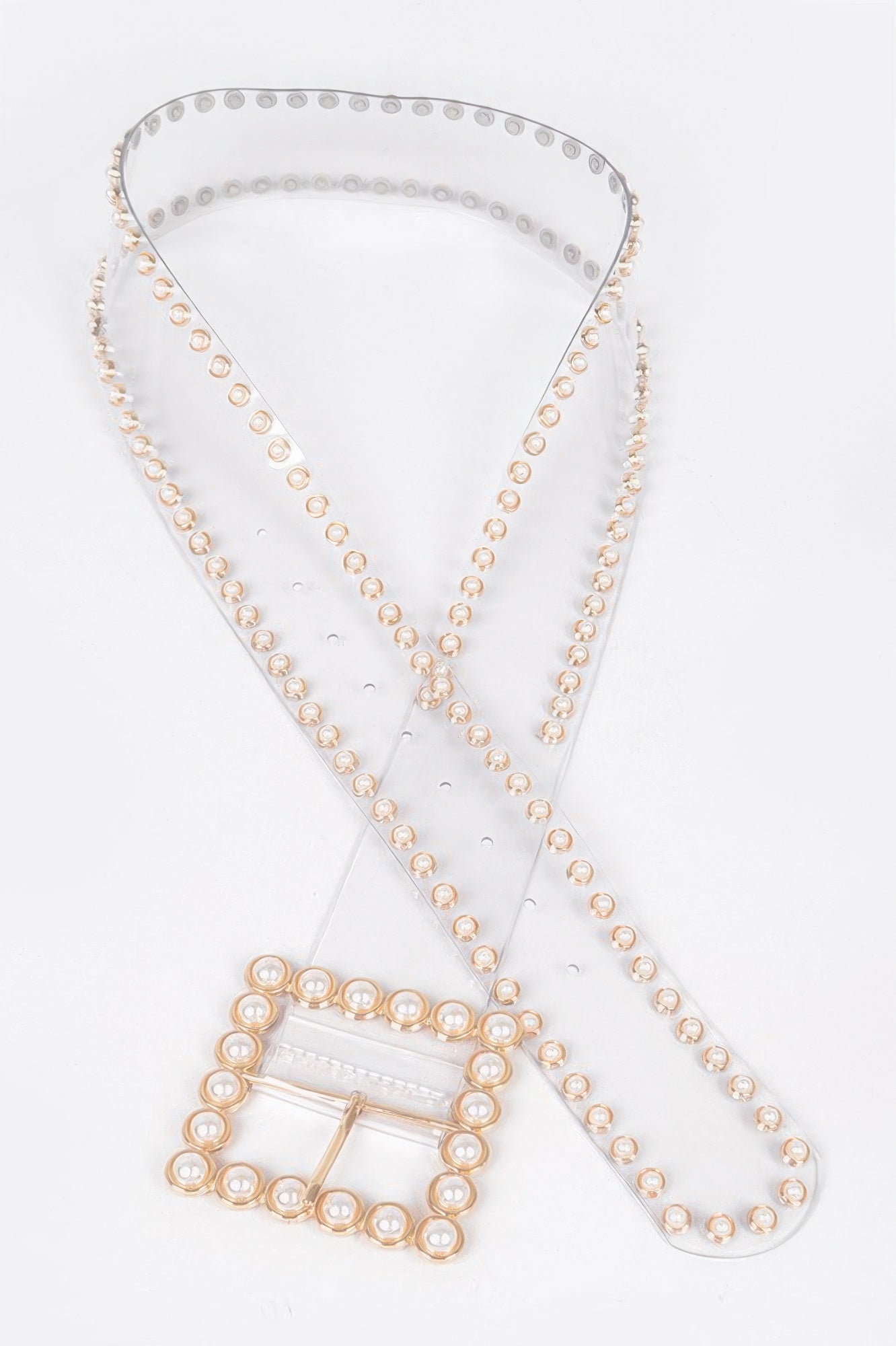 Pearl Buckle clear belt with stones—triangular strap with pearl-ring crystals and clasp