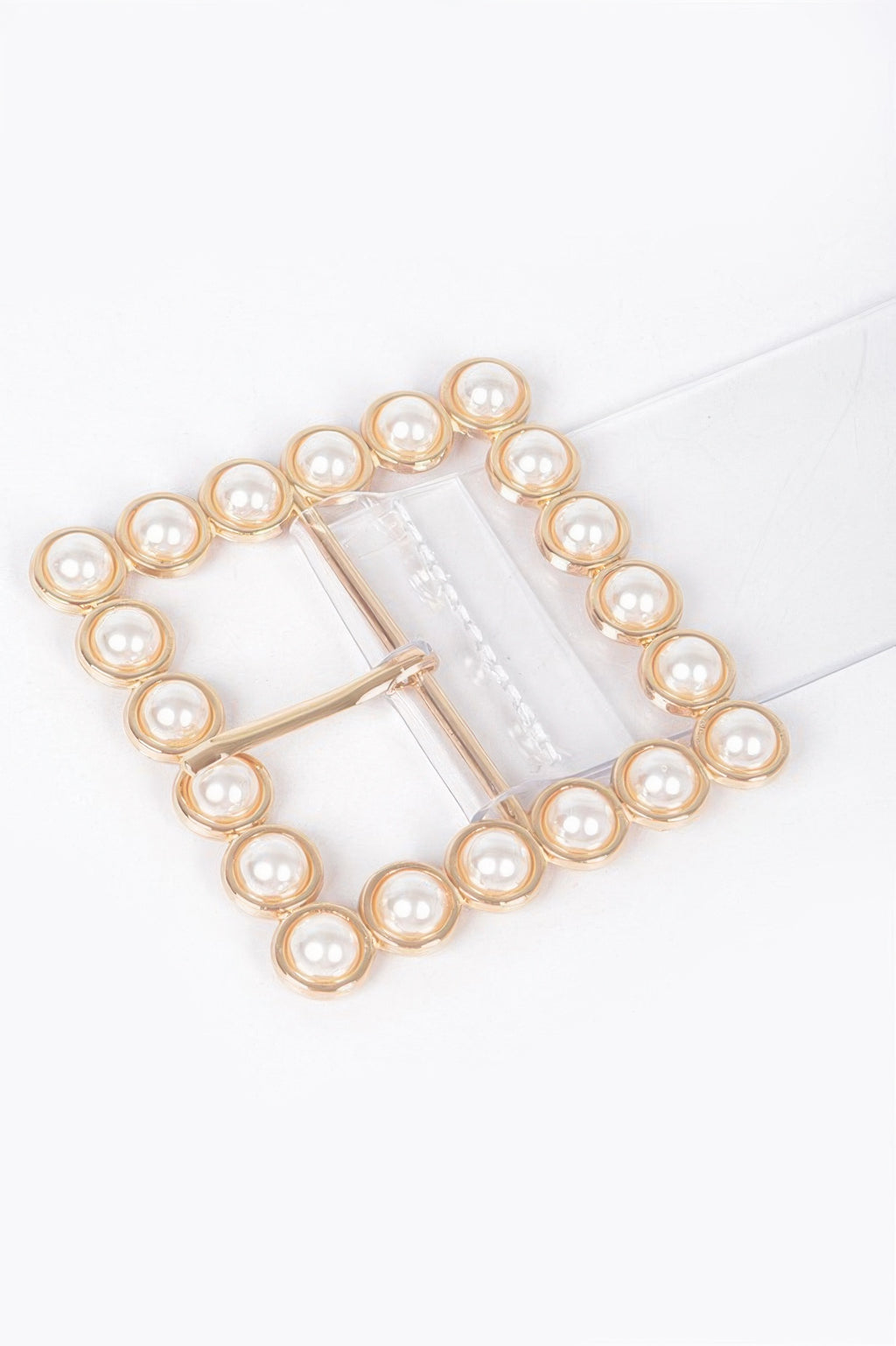 Pearl Buckle clear belt with stones, round pearl-style clasp centerpiece