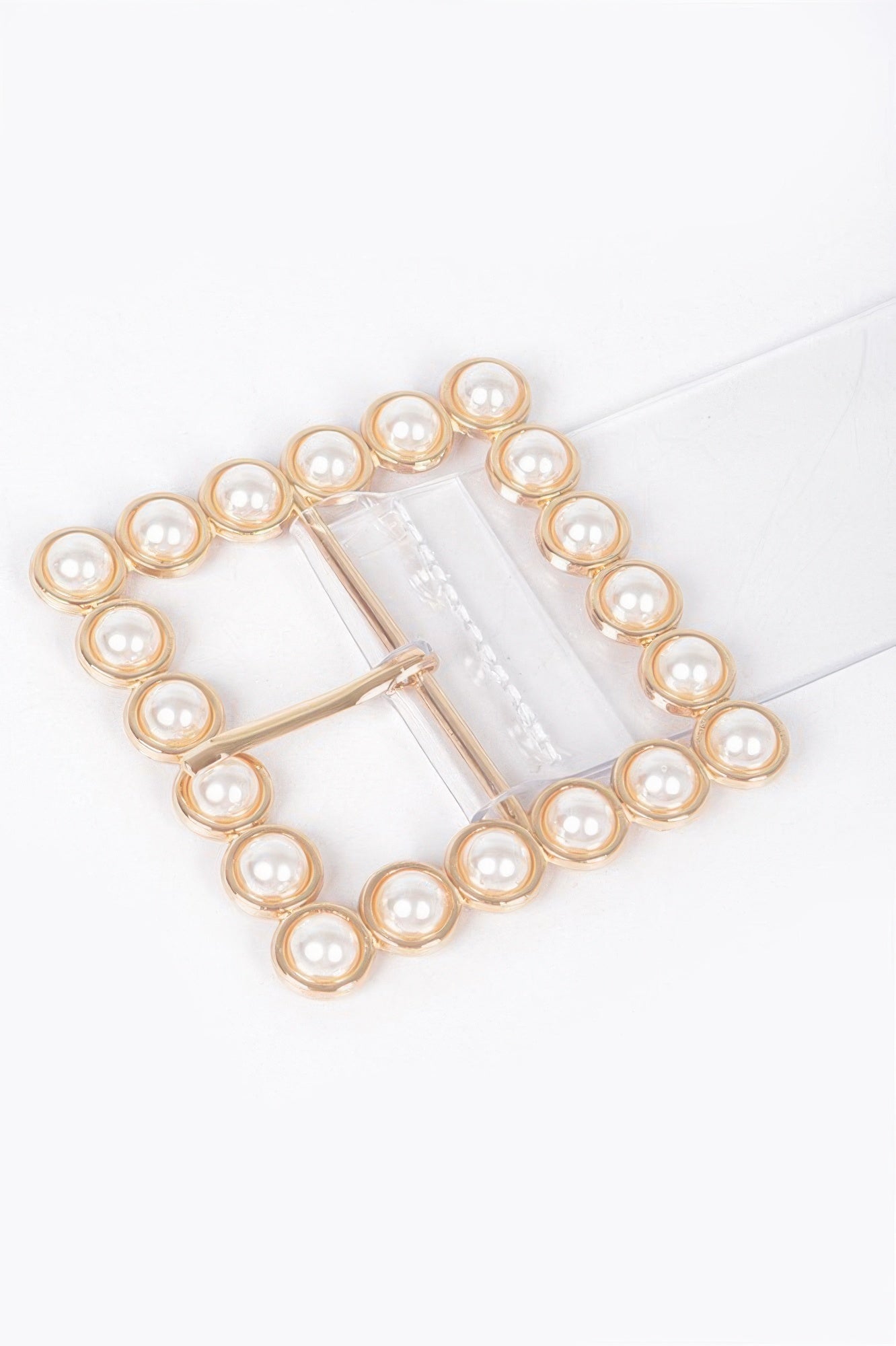 Pearl Buckle clear belt with stones, round pearl-style clasp centerpiece
