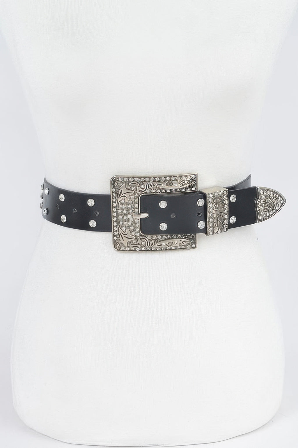 Rhinestone buckle belt in black with silver-tone ornate buckle and stud details