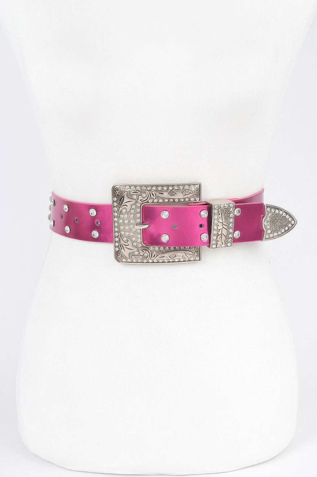 Rhinestone buckle belt in fuchsia with silver-tone ornate buckle and sparkling stud accents